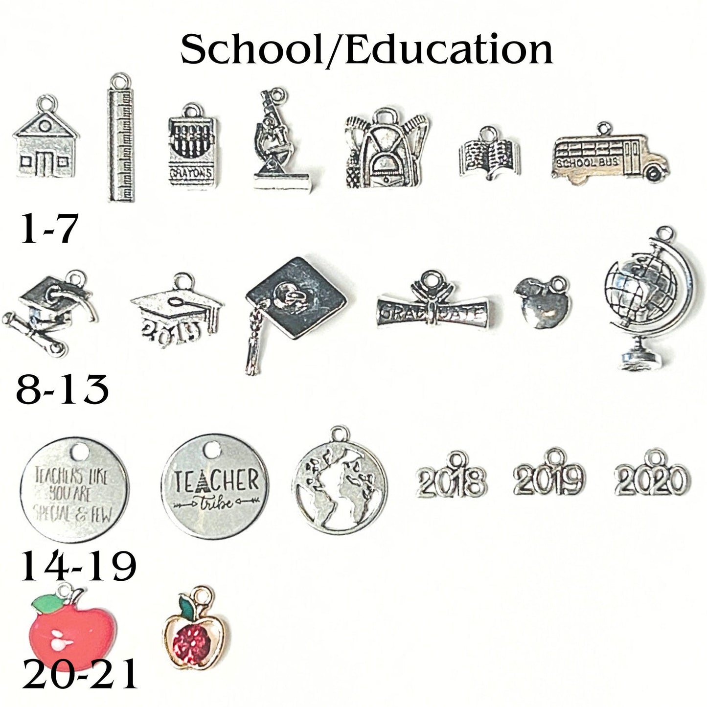 Add Ons - Educational/School Charms, Silver Plated Charms, Charm Personalization