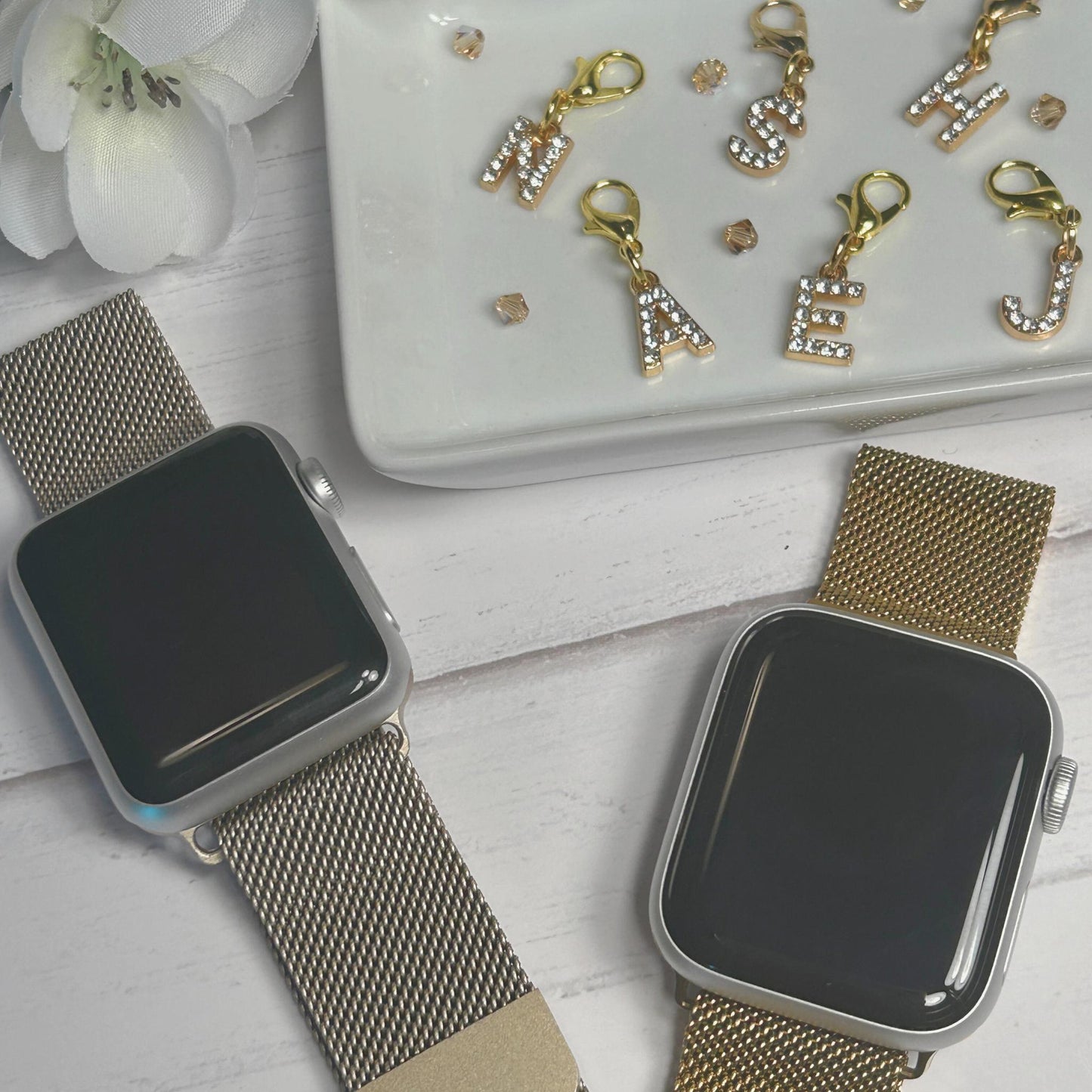 Gold Crystal Initial Watchband and Charm Package for Apple Watches