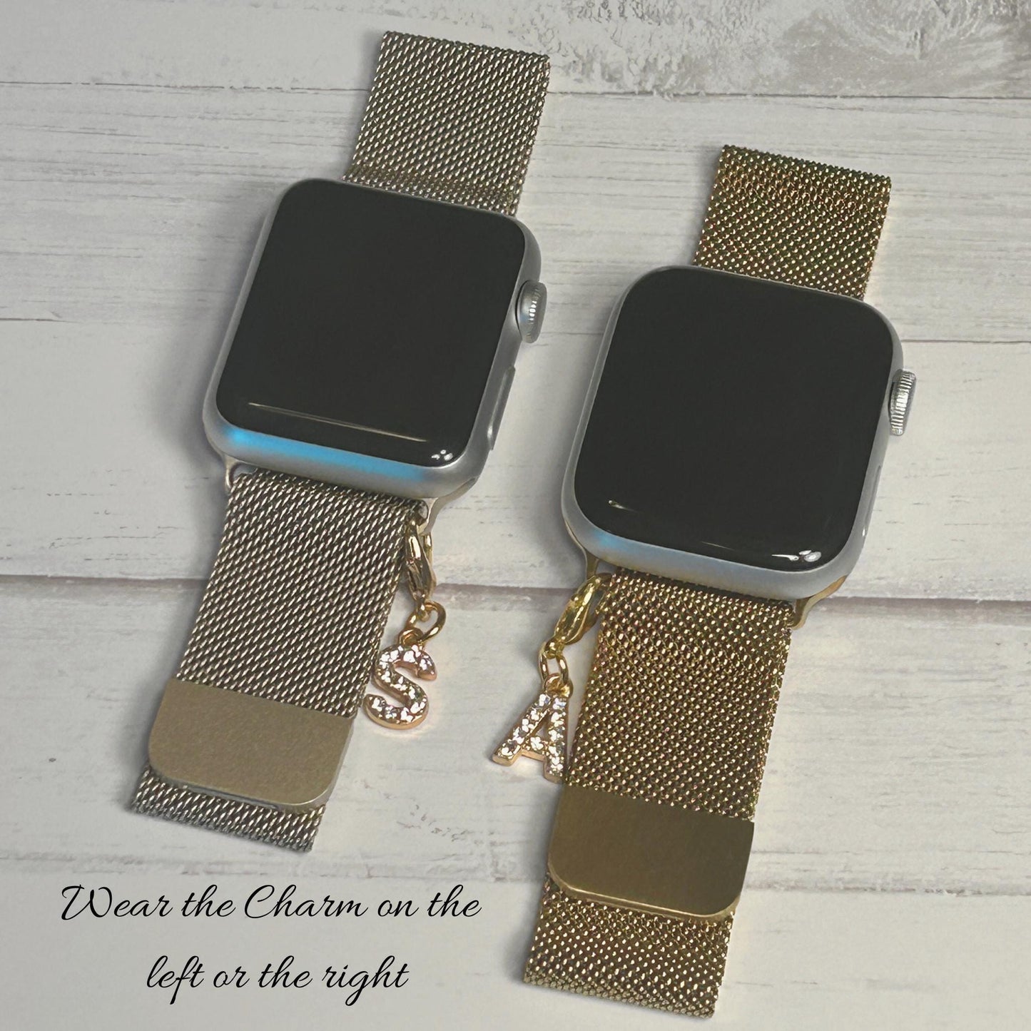 Gold Crystal Initial Watchband and Charm Package for Apple Watches