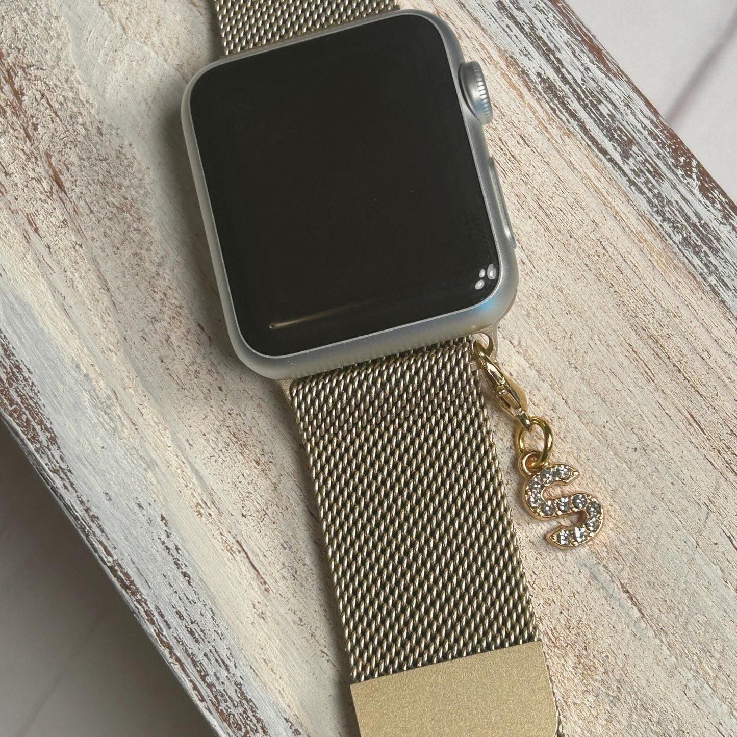 Gold Crystal Initial Watchband and Charm Package for Apple Watches