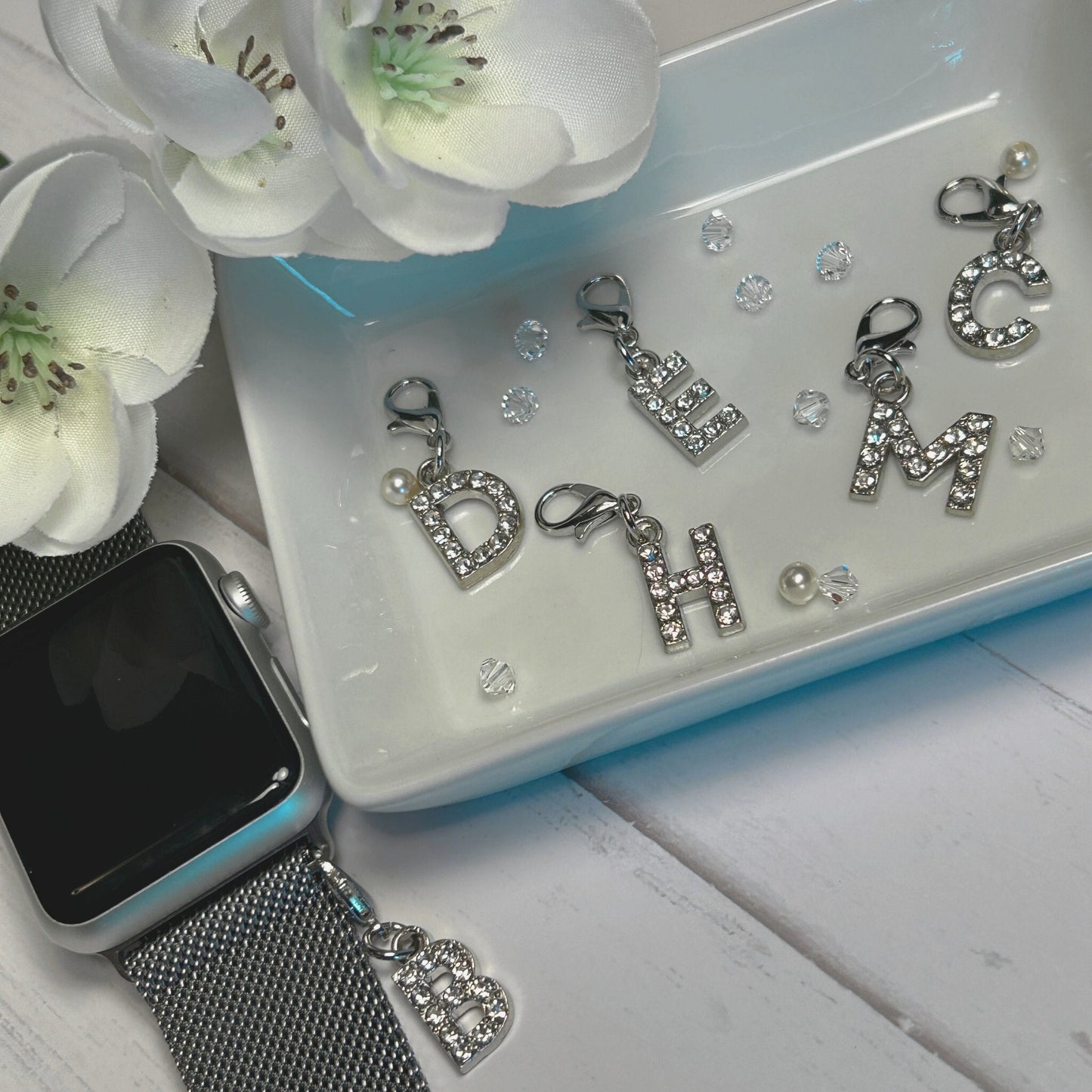 Personalize with Silver Crystal Initial Charm Clip On Set for Milanese Apple Watchbands.
