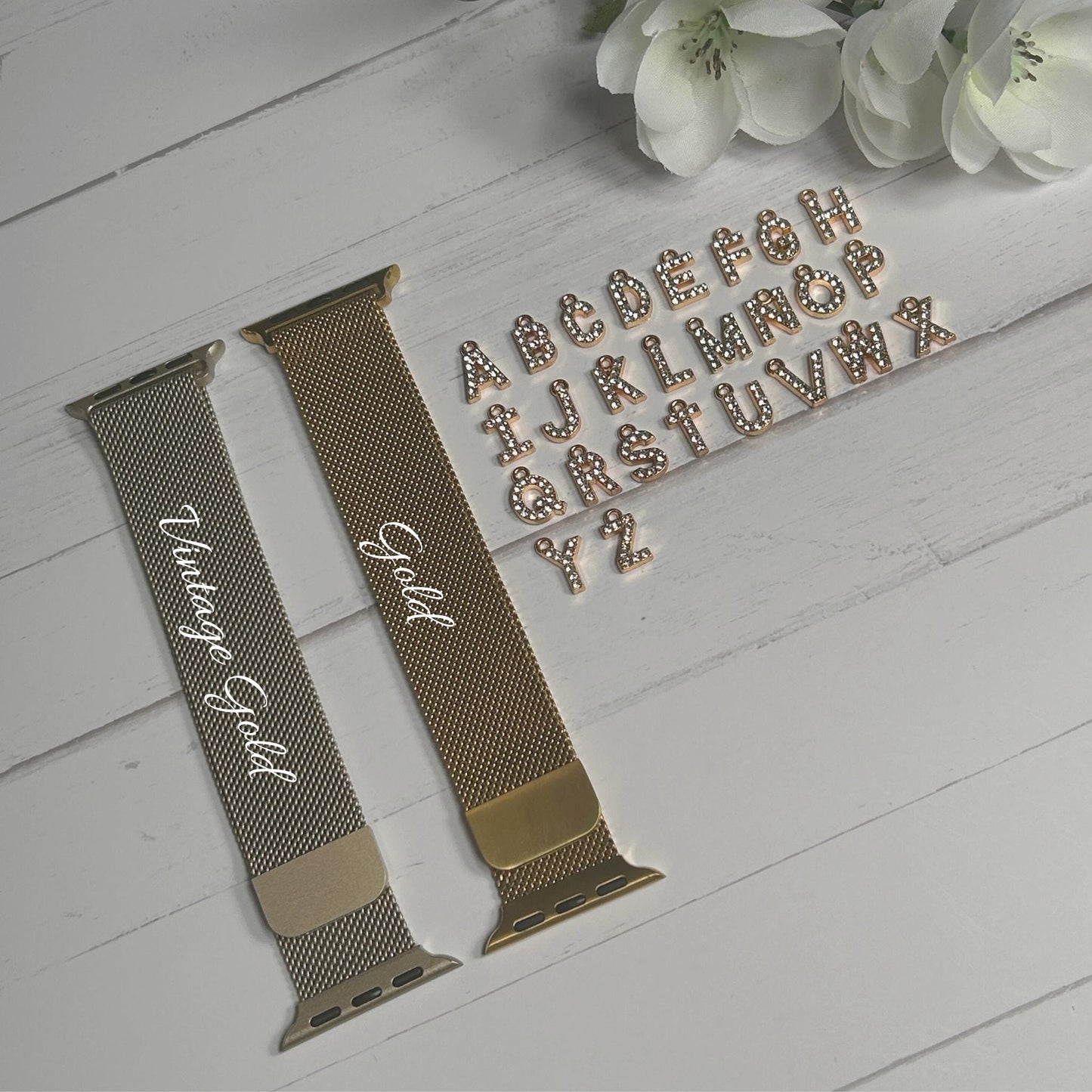 Gold Crystal Initial Watchband and Charm Package for Apple Watches