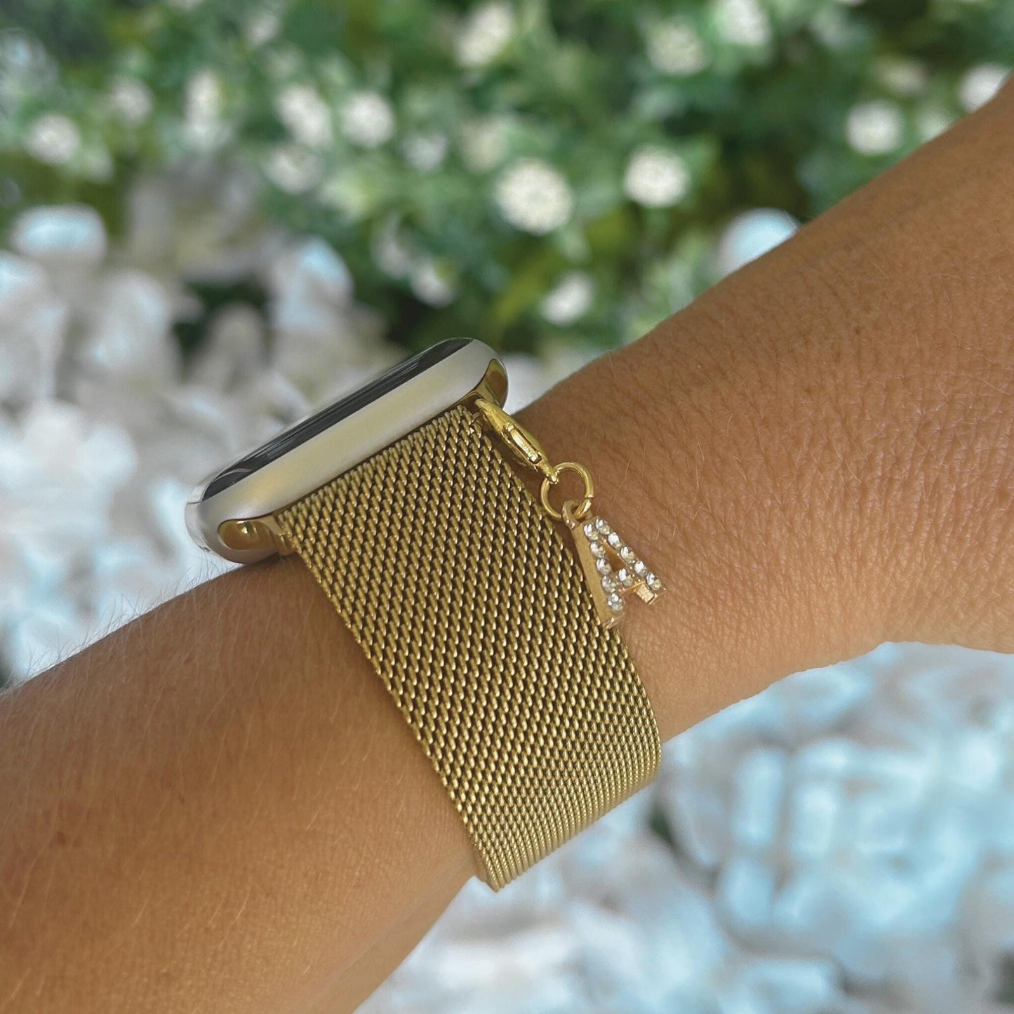 Gold Crystal Initial Watchband and Charm Package for Apple Watches