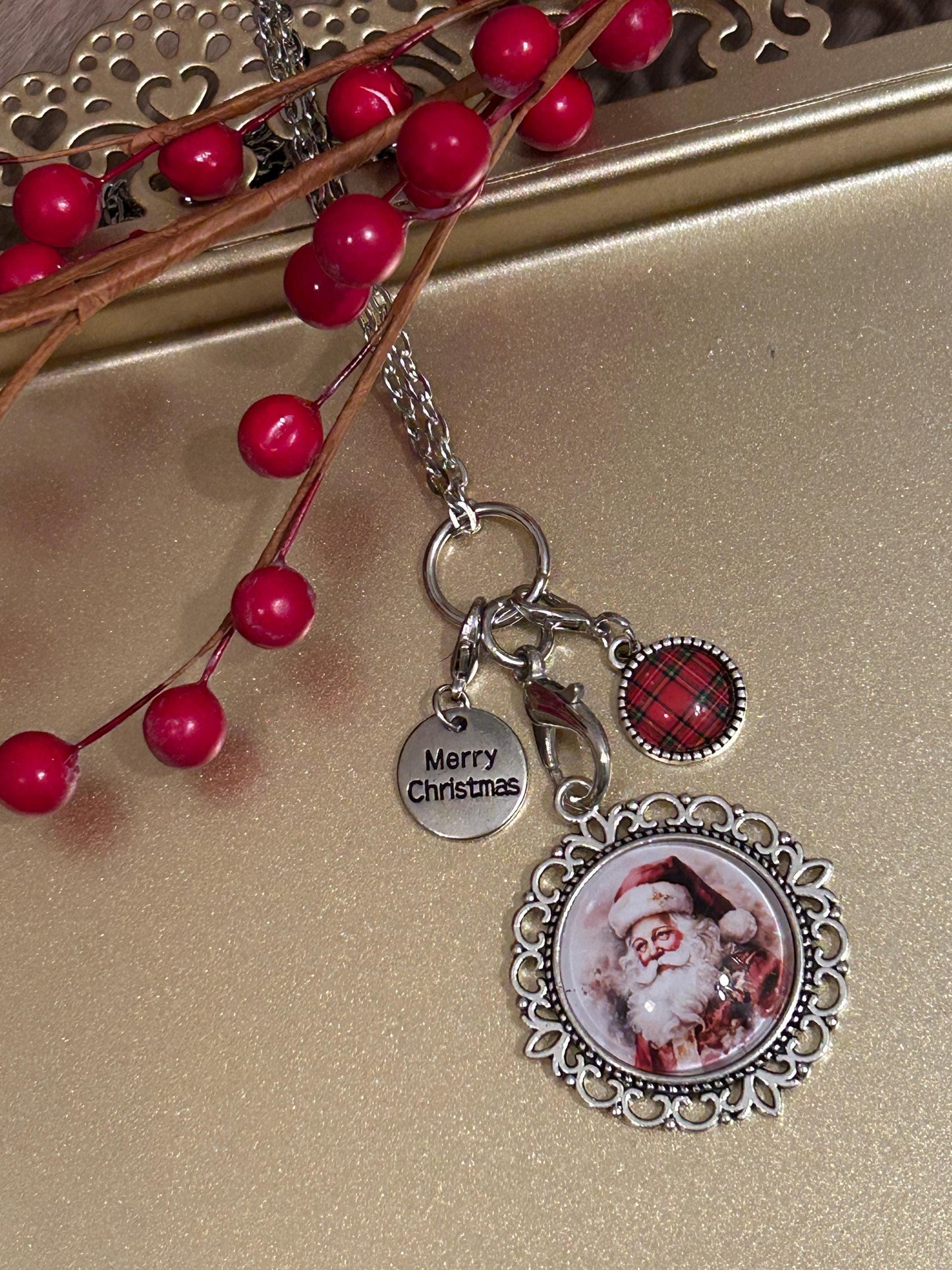 Vintage Santa Christmas Charm Necklace, Victorian Christmas