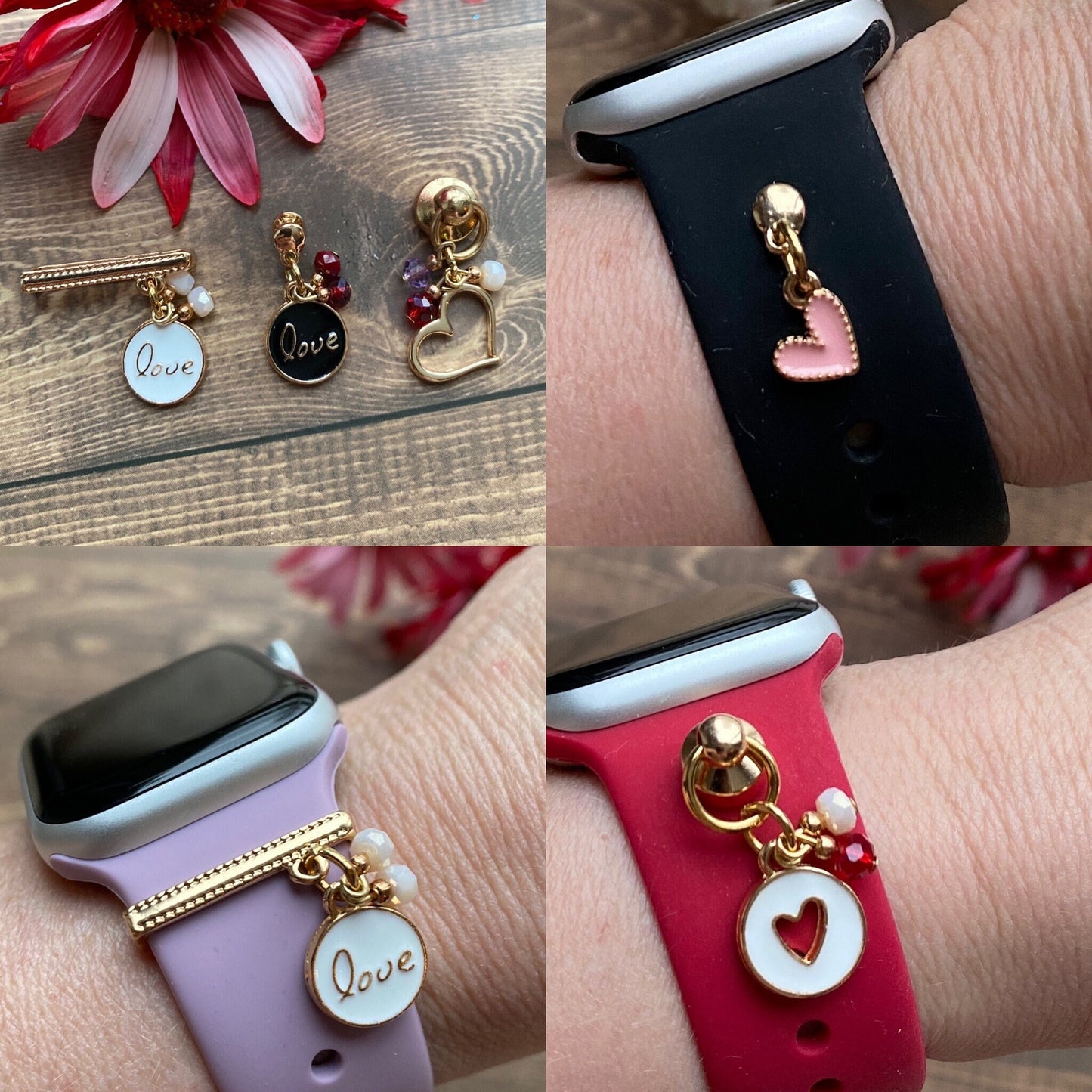 Valentines Watch Band Charms, Watchband Studs, Bars, Apple Watch Charms, Heart Charm, SmartWatch Charm, Galaxy Watchband Charms