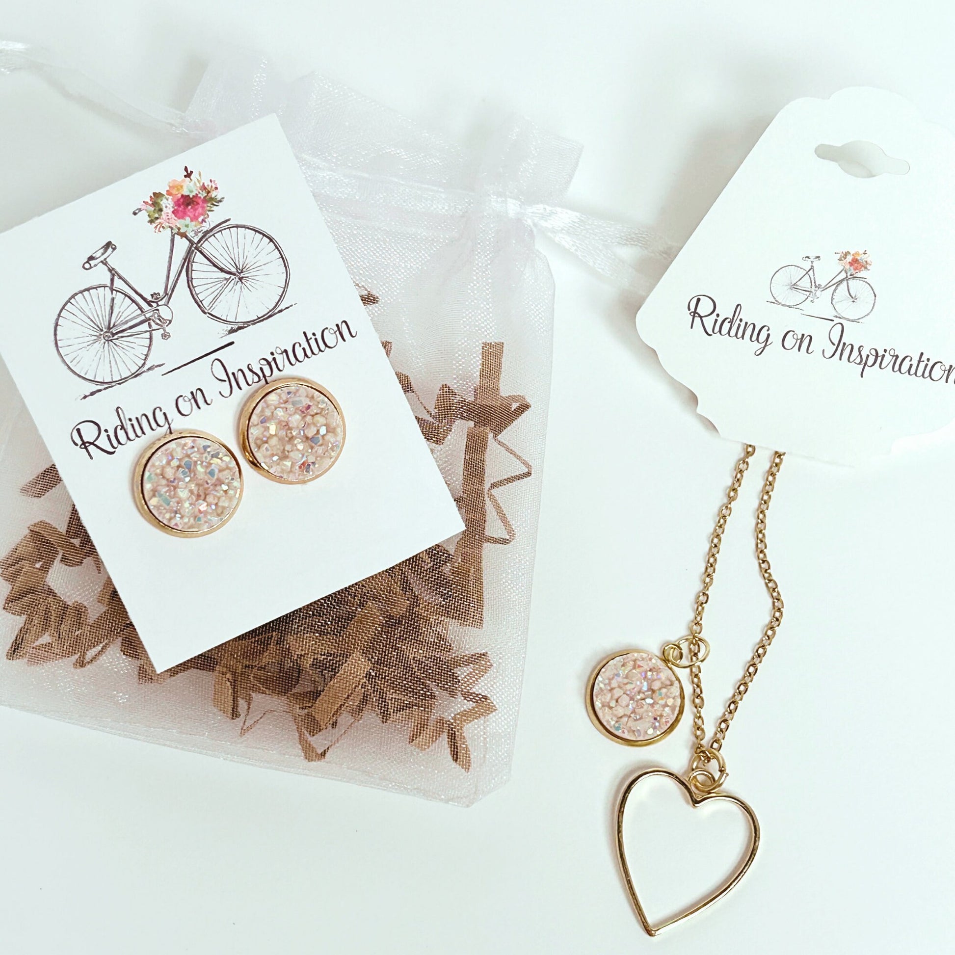 Gold Druzy Quartz Necklace and Earring Set/Valentines Jewelry Set/Heart Jewelry
