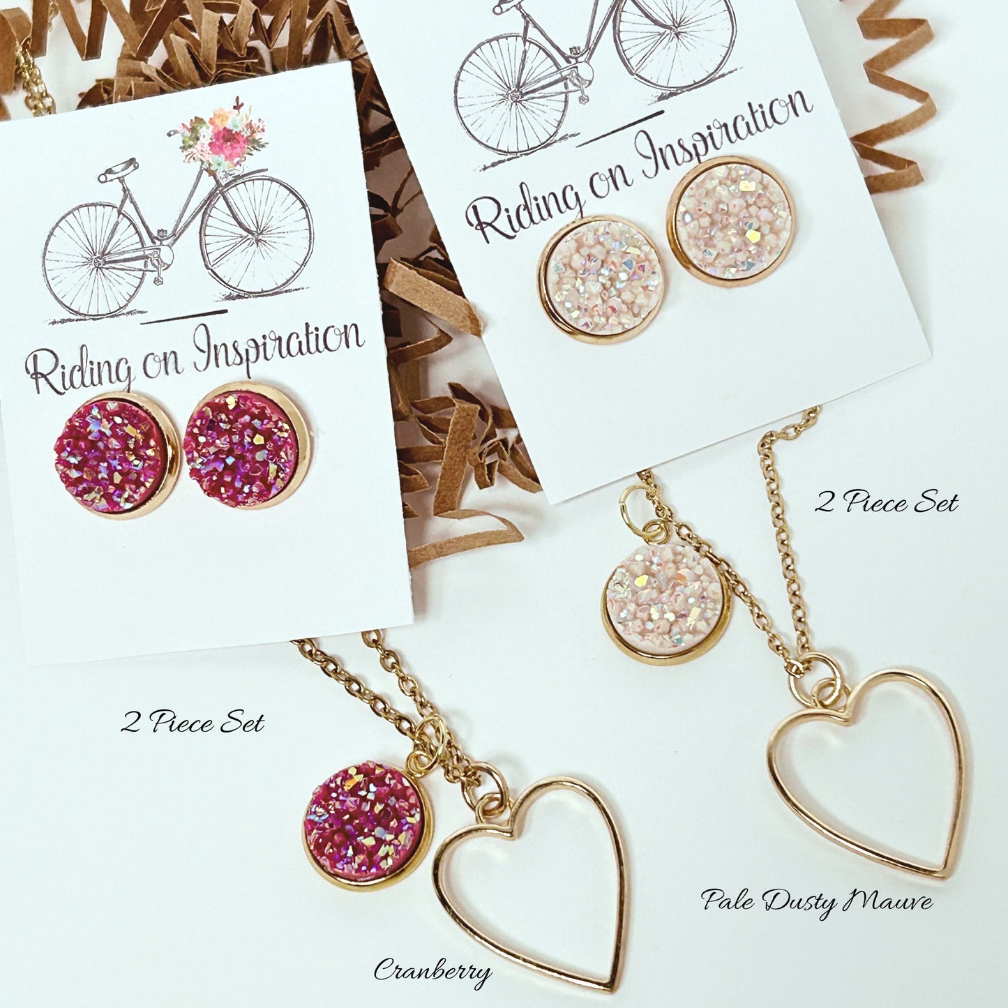 Gold Druzy Quartz Necklace and Earring Set/Valentines Jewelry Set/Heart Jewelry