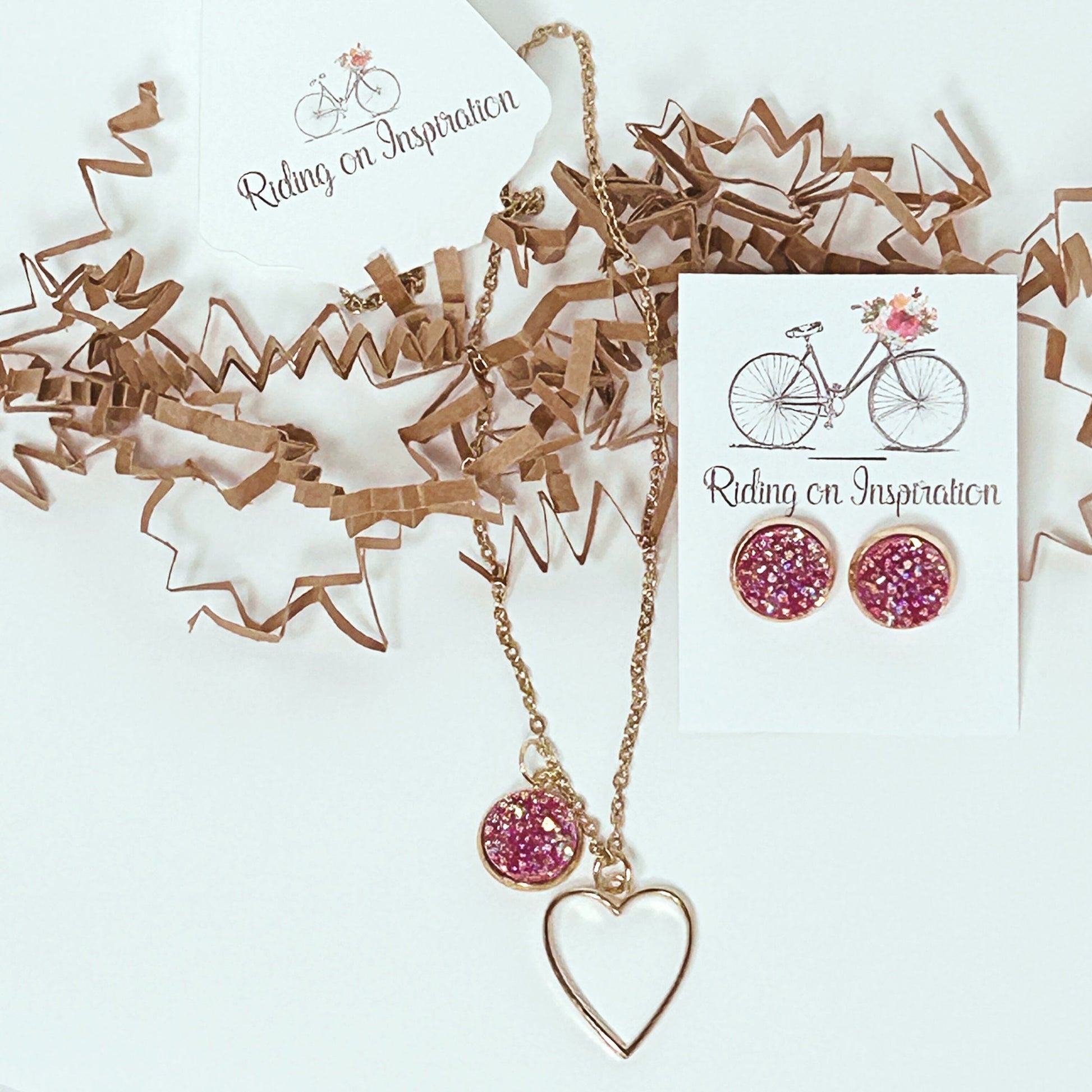 Gold Druzy Quartz Necklace and Earring Set/Valentines Jewelry Set/Heart Jewelry