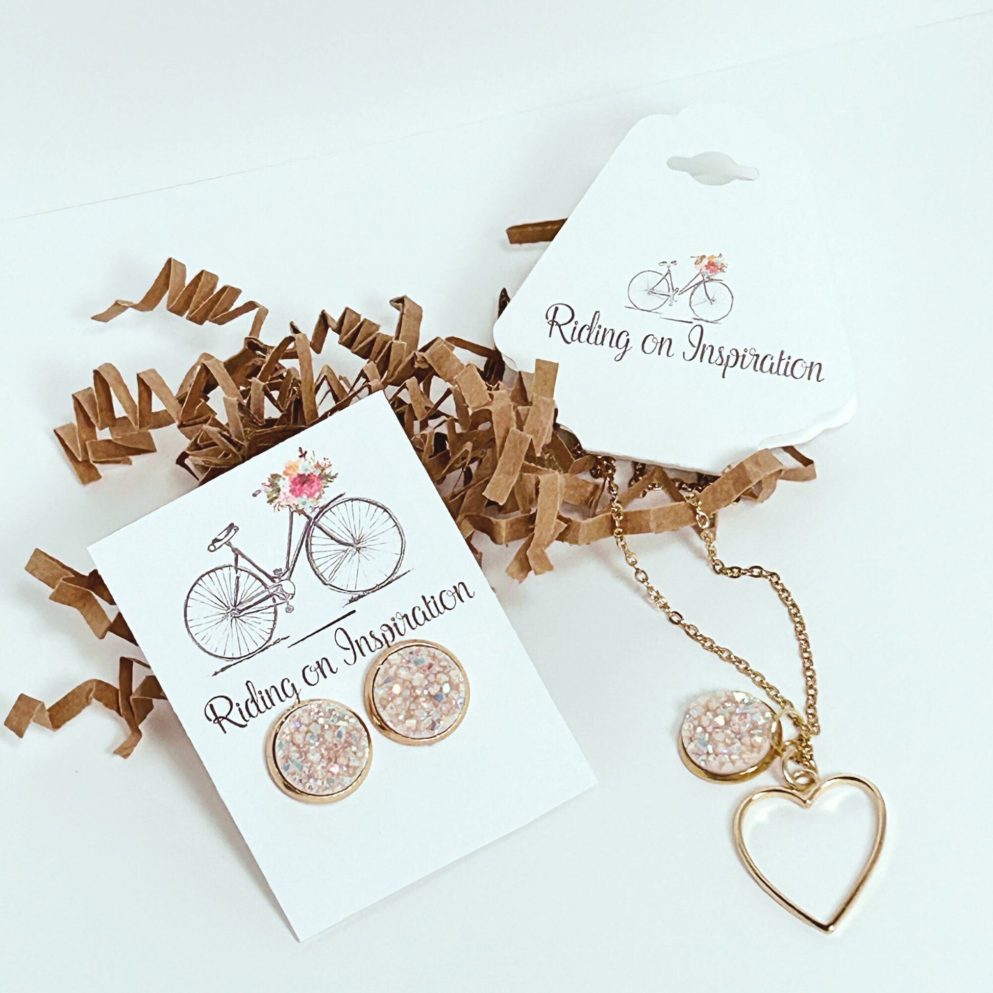 Gold Druzy Quartz Necklace and Earring Set/Valentines Jewelry Set/Heart Jewelry