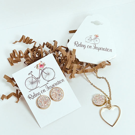 Gold Druzy Quartz Necklace and Earring Set/Valentines Jewelry Set/Heart Jewelry