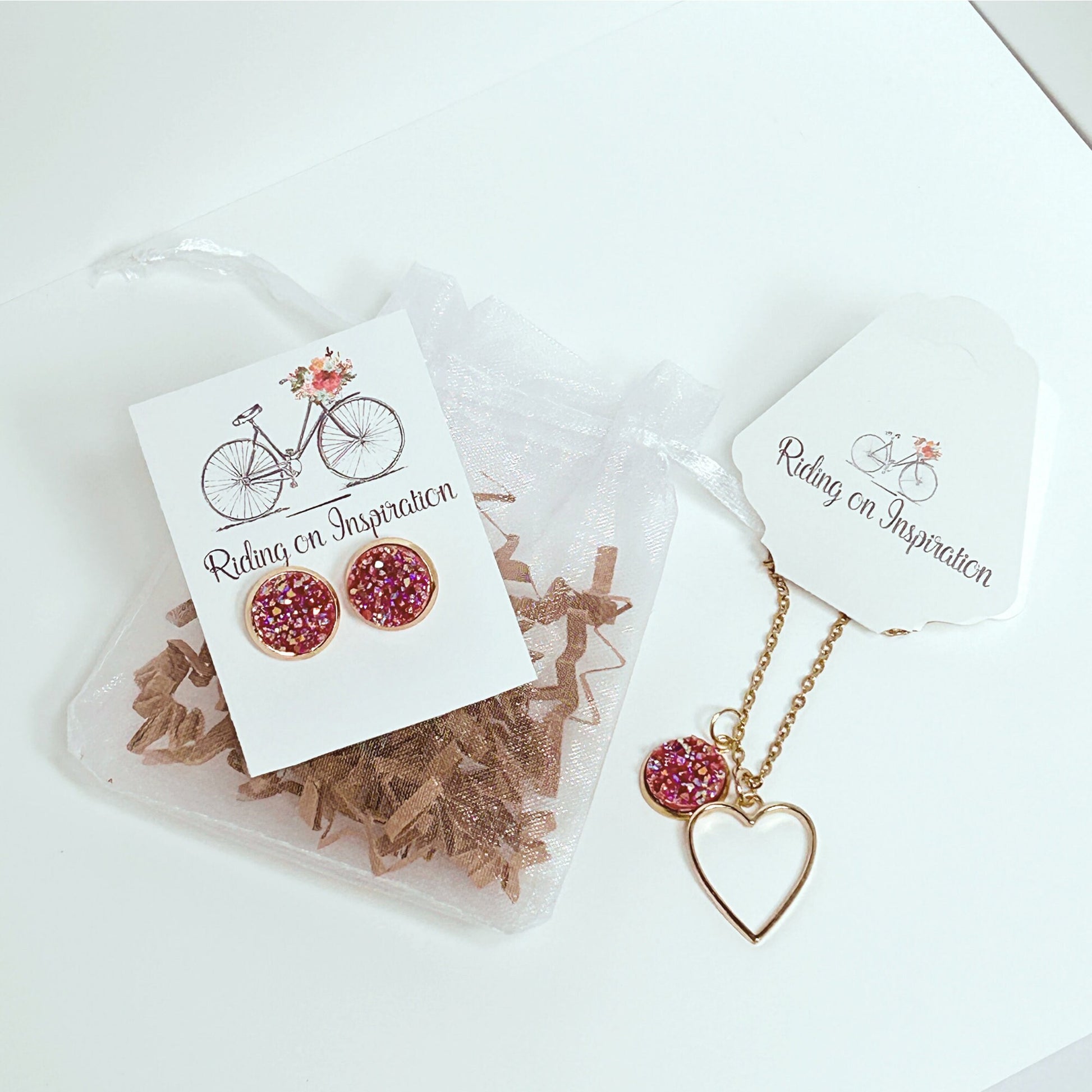 Gold Druzy Quartz Necklace and Earring Set/Valentines Jewelry Set/Heart Jewelry