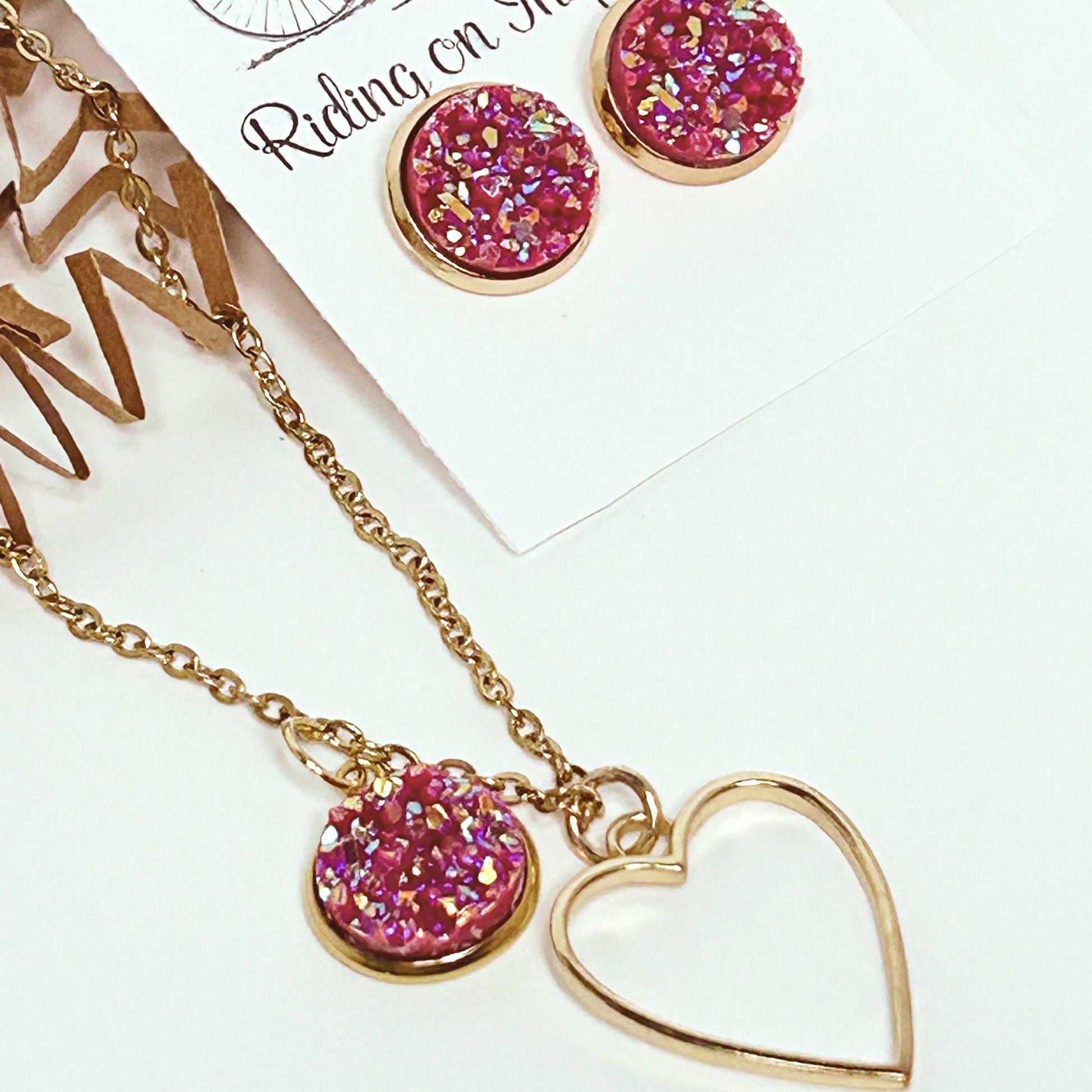 Gold Druzy Quartz Necklace and Earring Set/Valentines Jewelry Set/Heart Jewelry