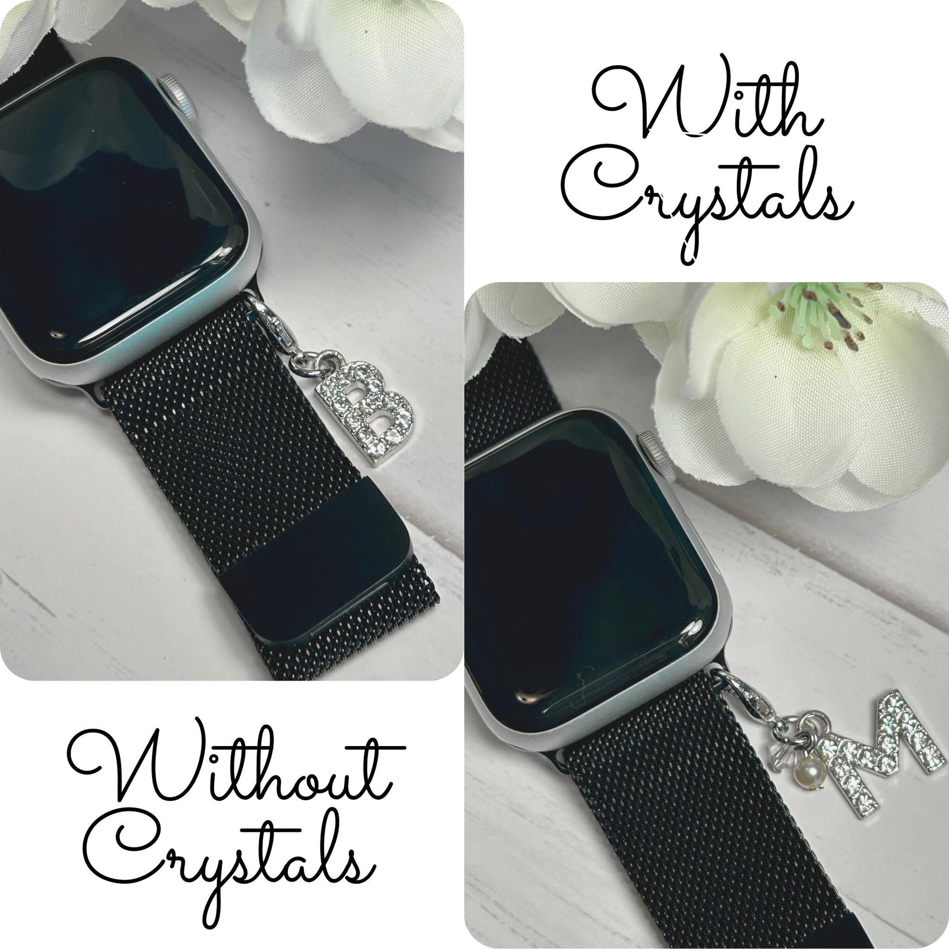 Silver Crystal Initial Watchband and Charm Package for Apple Watches