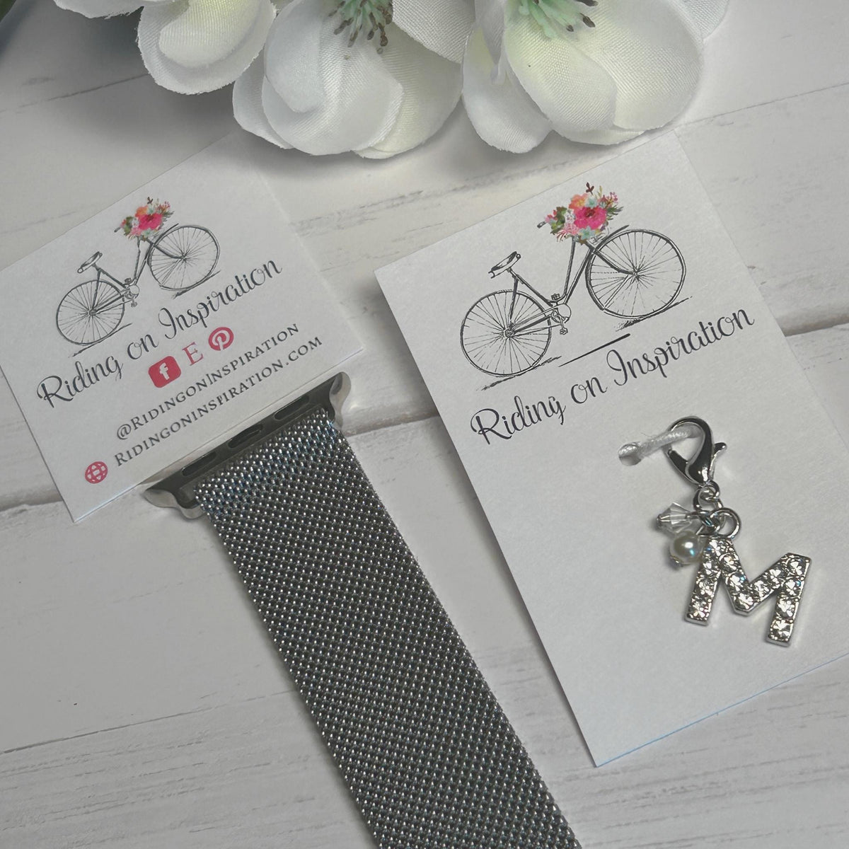 Silver Crystal Initial Watchband and Charm Package for Apple Watches