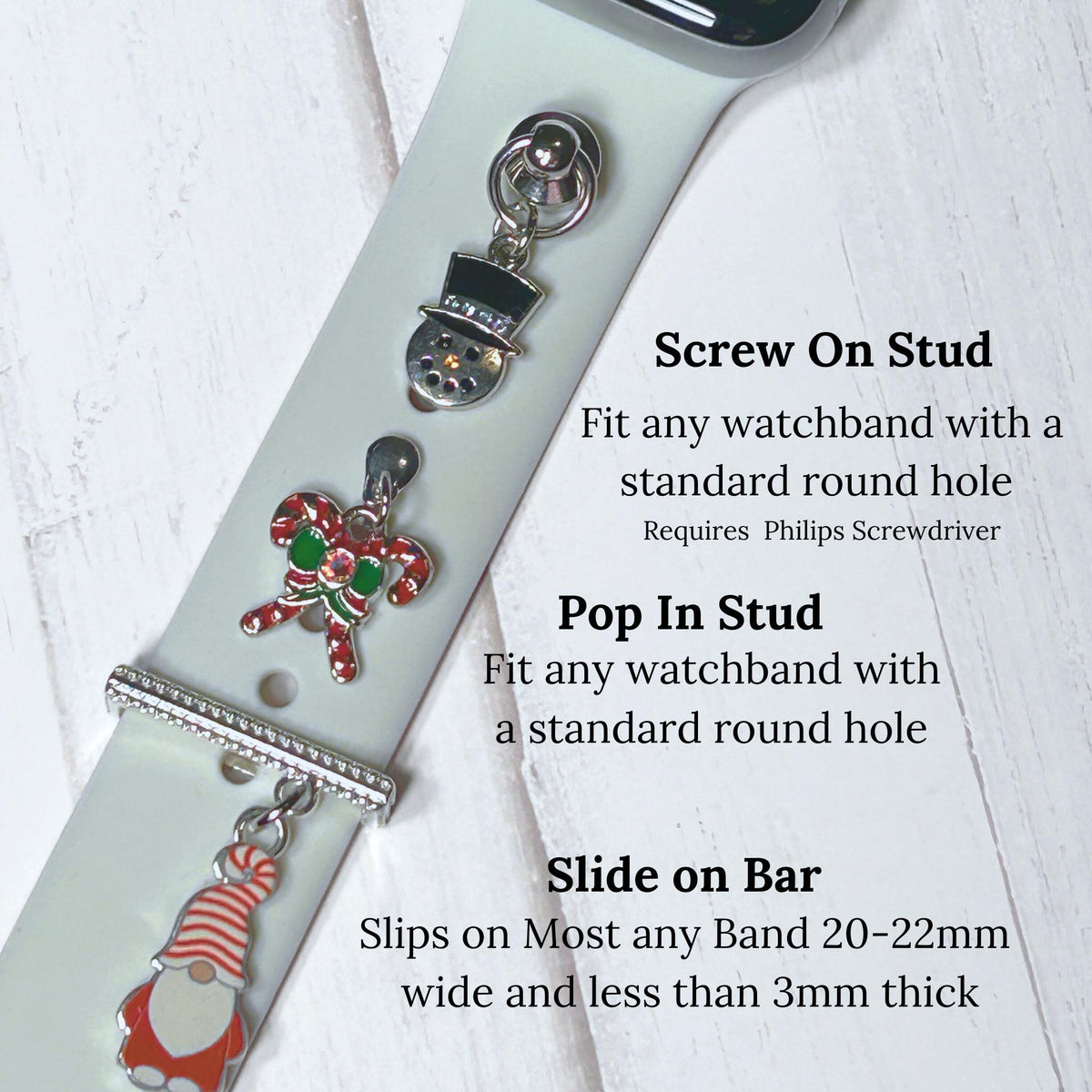 Christmas Watchband Charms SILVER PLATED, Watch Charms, Watchband Studs, Bars, Apple Watch Charms, Holiday Jewelry, Apple Watchbands