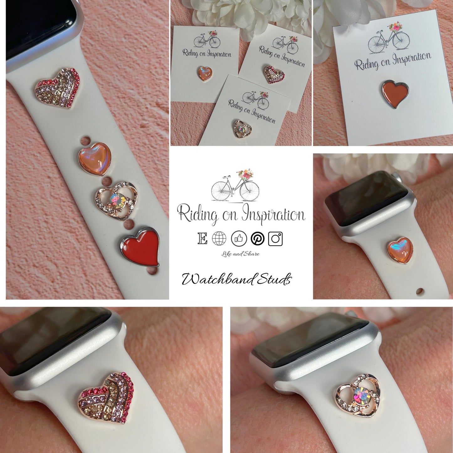 Heart Stud Watch Charm, Watchband Jewelry, Silicone Band Charm, Apple Watchband, Samsung Galaxy Watchband, Fitbit