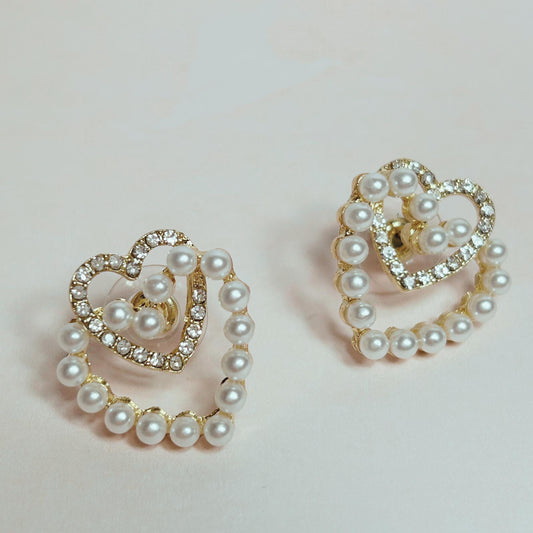 Pearl and Rhinestone Heart Earrings, Gold Heart Earrings, Valentines Jewelry, Heart Earrings, Wedding, Heart Jewelry