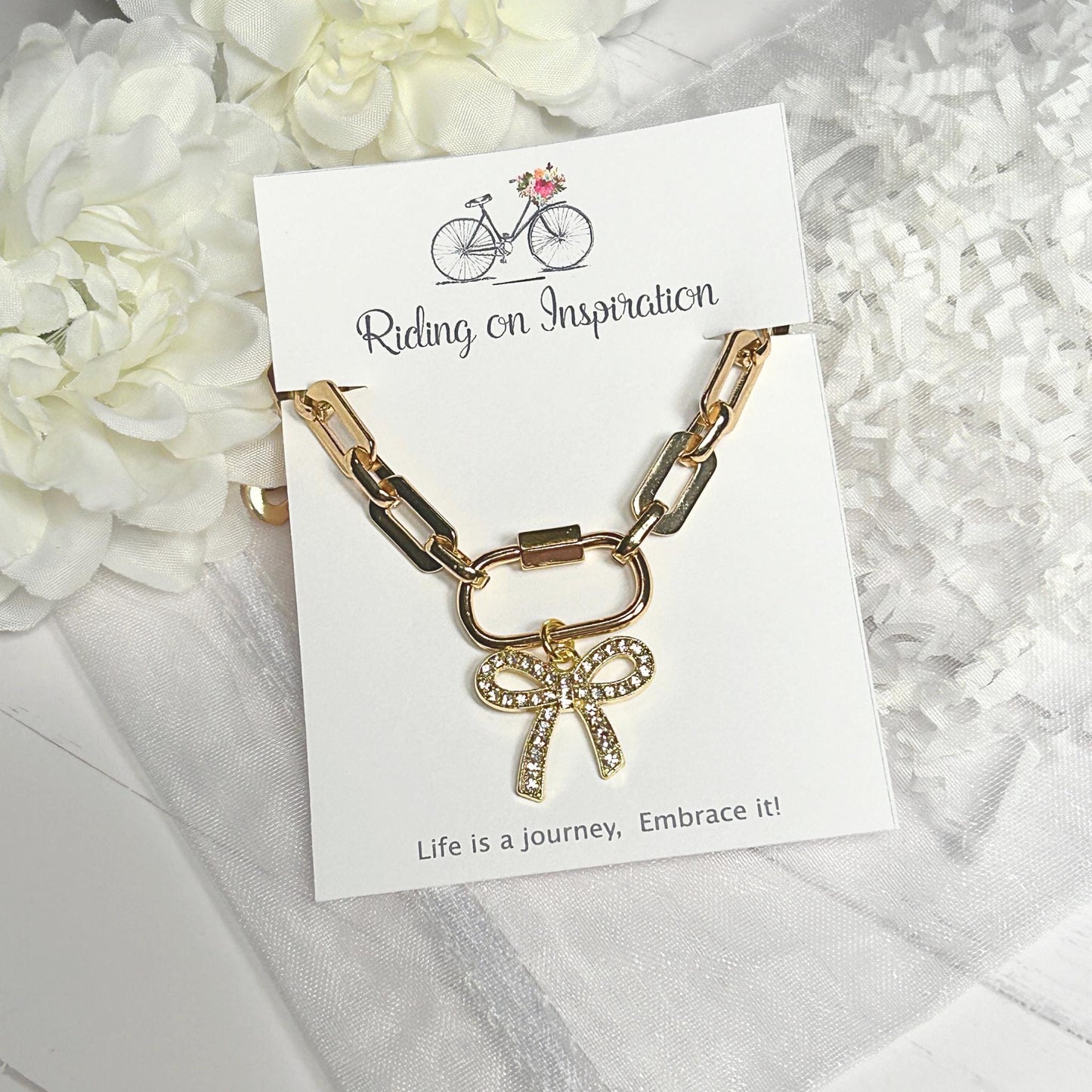 Gold Carabiner Bow Charm Necklace, Paperclip Necklace