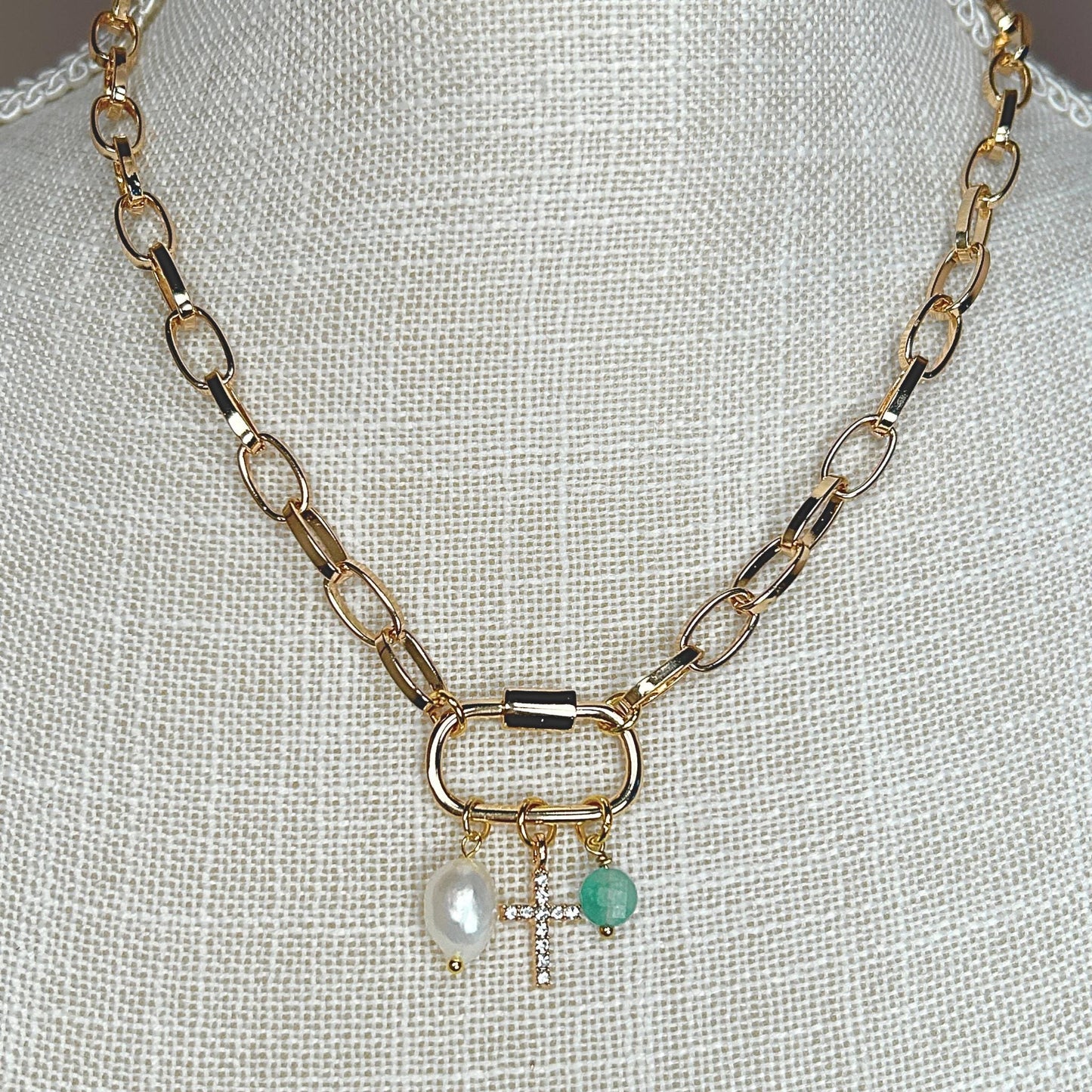 Gold Carabiner Charm Necklace with Cross, Pearl & Turquoise Charm