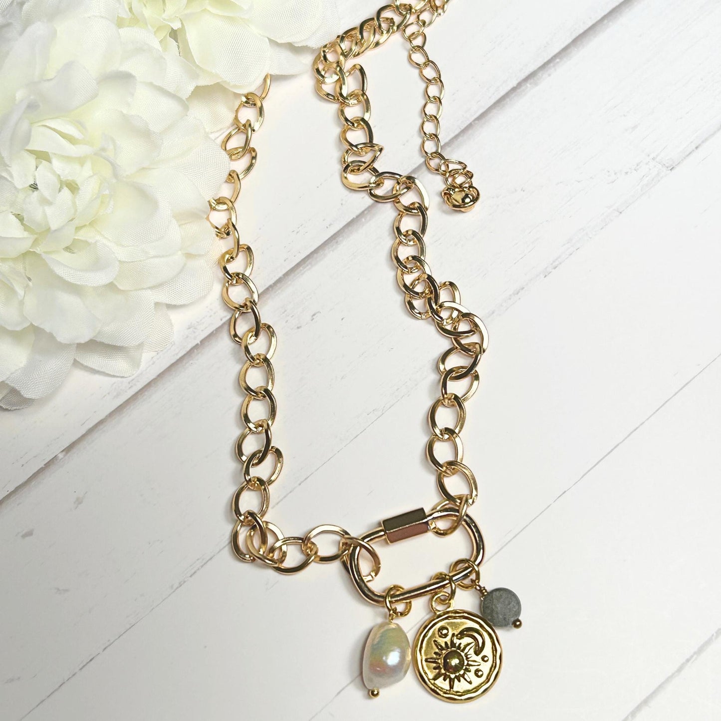 Gold Carabiner Charm Necklace with Celestial Charms