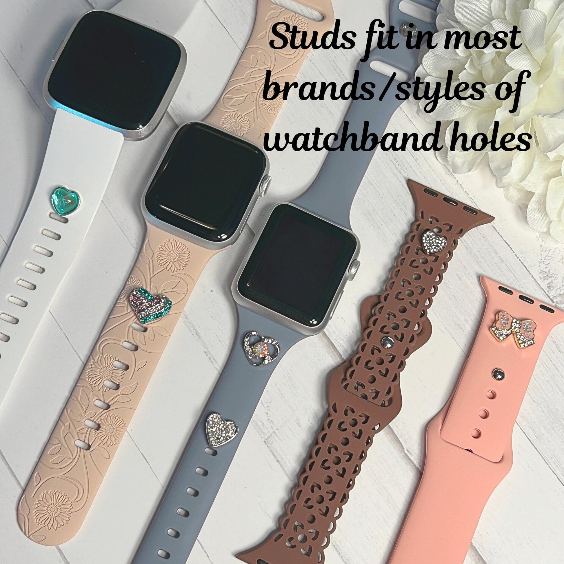 Metal Heart Stud Watch Charm, Watchband Jewelry, Silicone Band Charm, Apple Watchband, Samsung Galaxy Watchband, Fitbit, Heart Jewelry