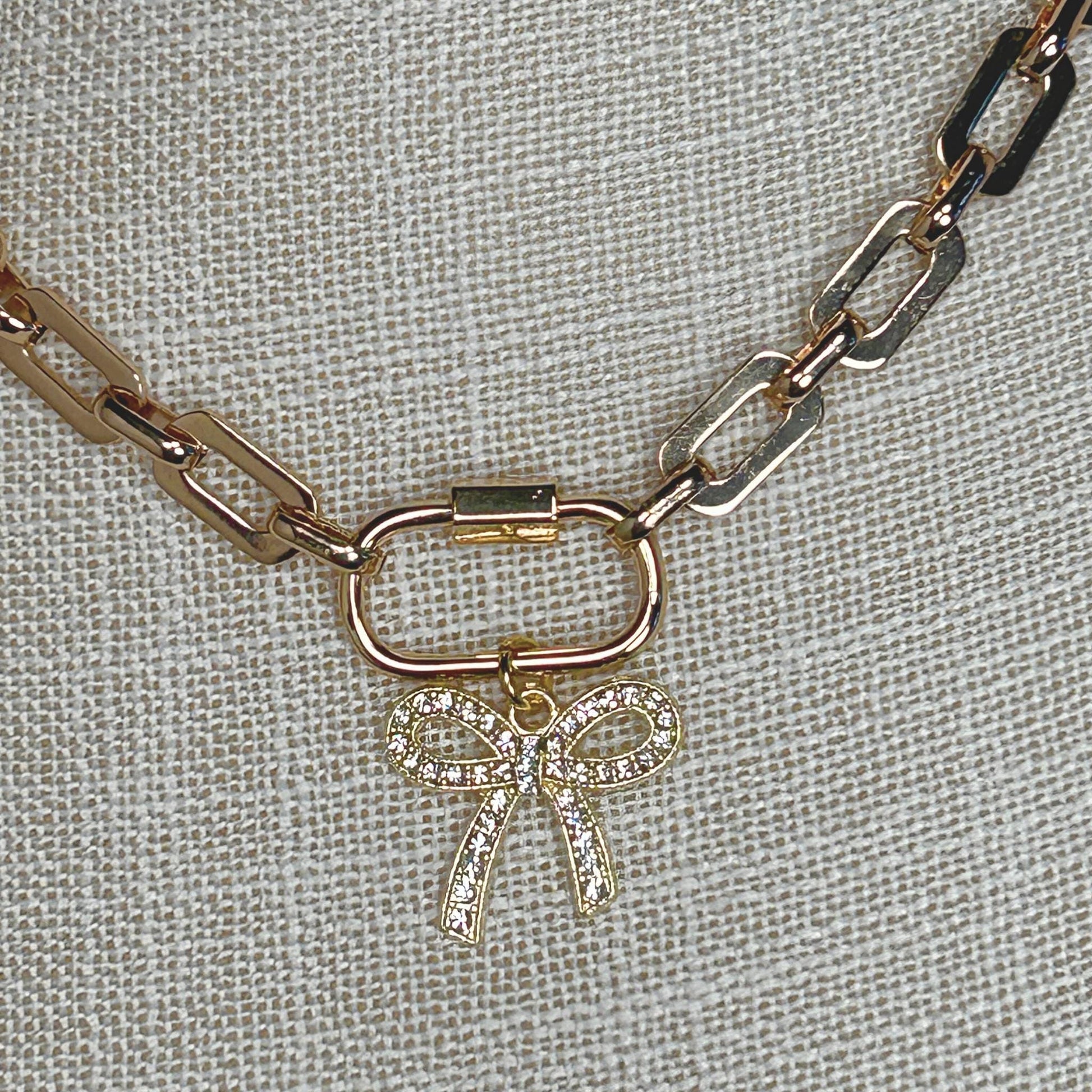 Gold Carabiner Bow Charm Necklace, Paperclip Necklace