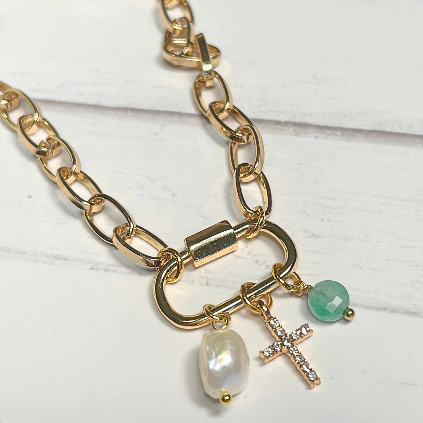 Gold Carabiner Charm Necklace with Cross, Pearl & Turquoise Charm