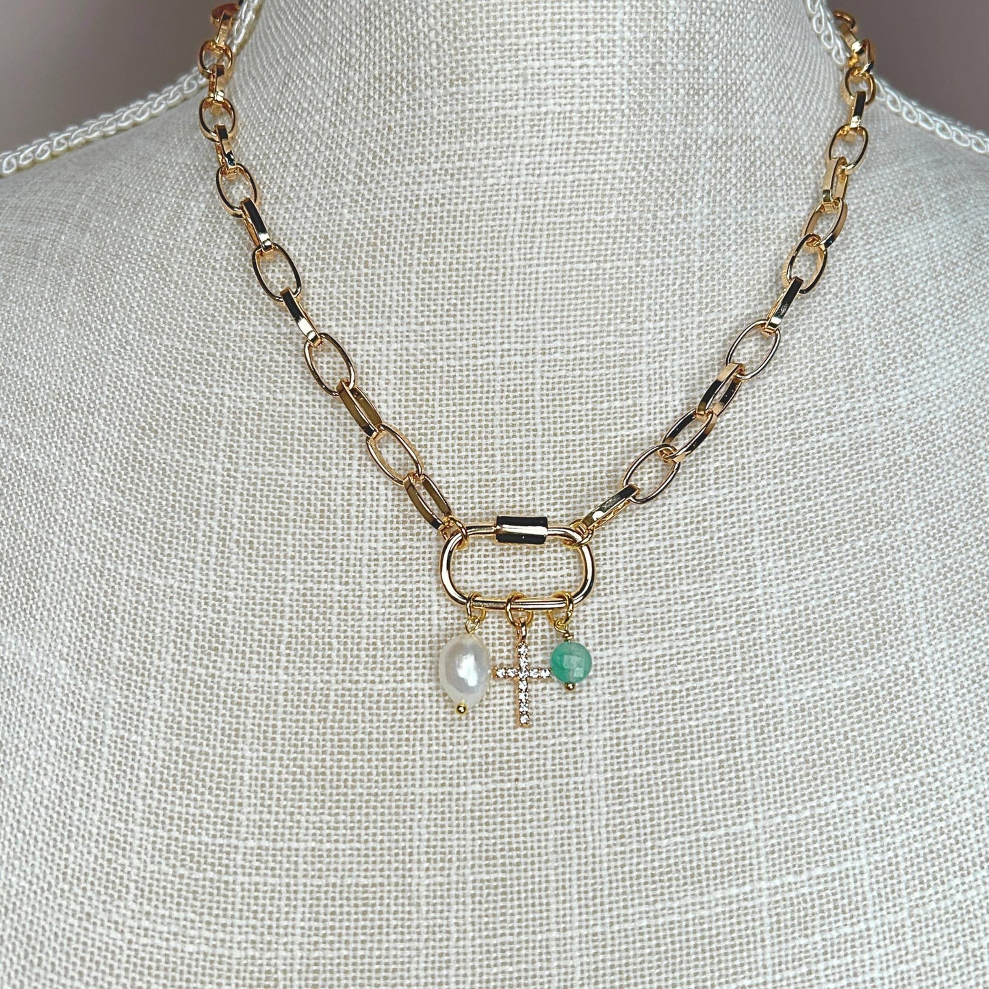 Gold Carabiner Charm Necklace with Cross, Pearl & Turquoise Charm