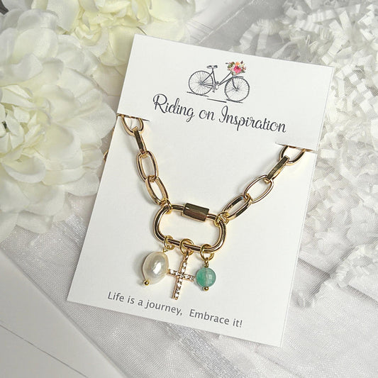 Gold Carabiner Charm Necklace with Cross, Pearl & Turquoise Charm