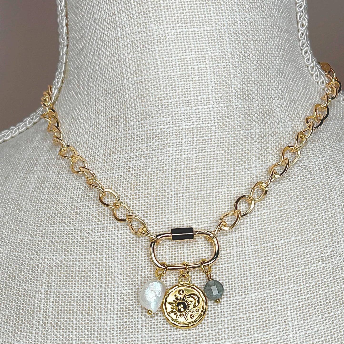 Gold Carabiner Charm Necklace with Celestial Charms