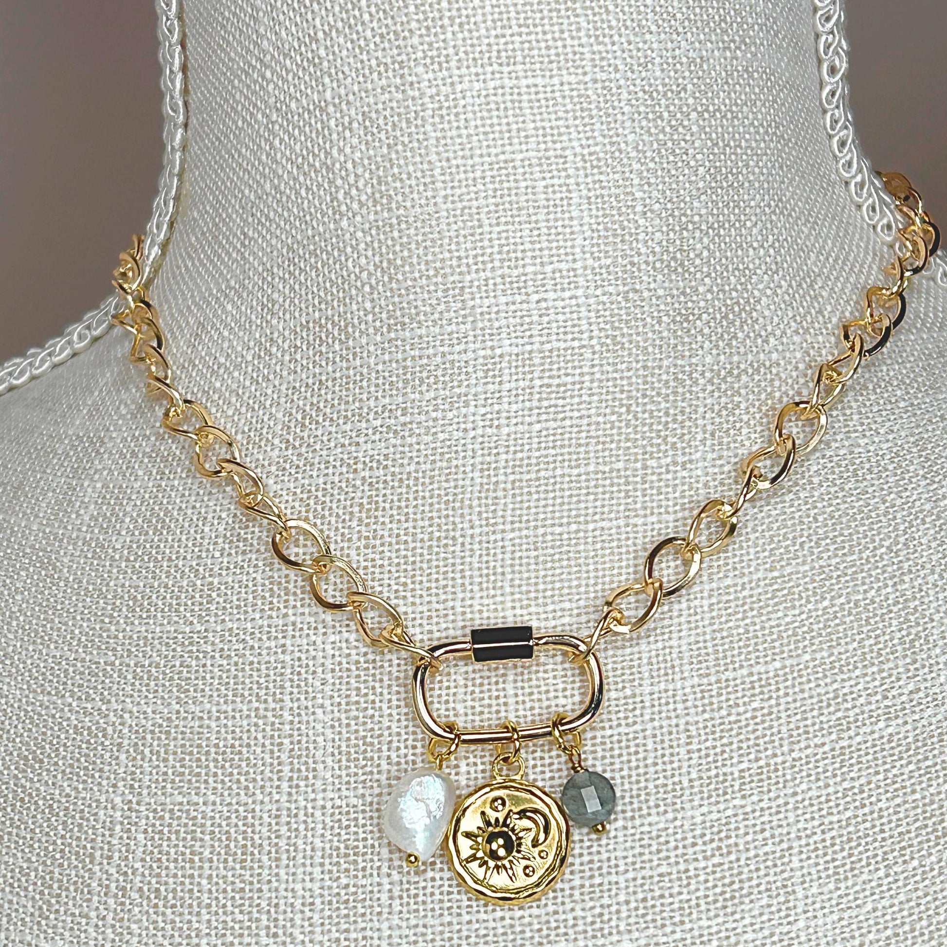 Gold Carabiner Charm Necklace with Celestial Charms