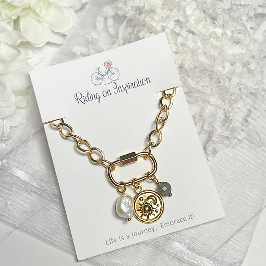 Gold Carabiner Charm Necklace with Celestial Charms