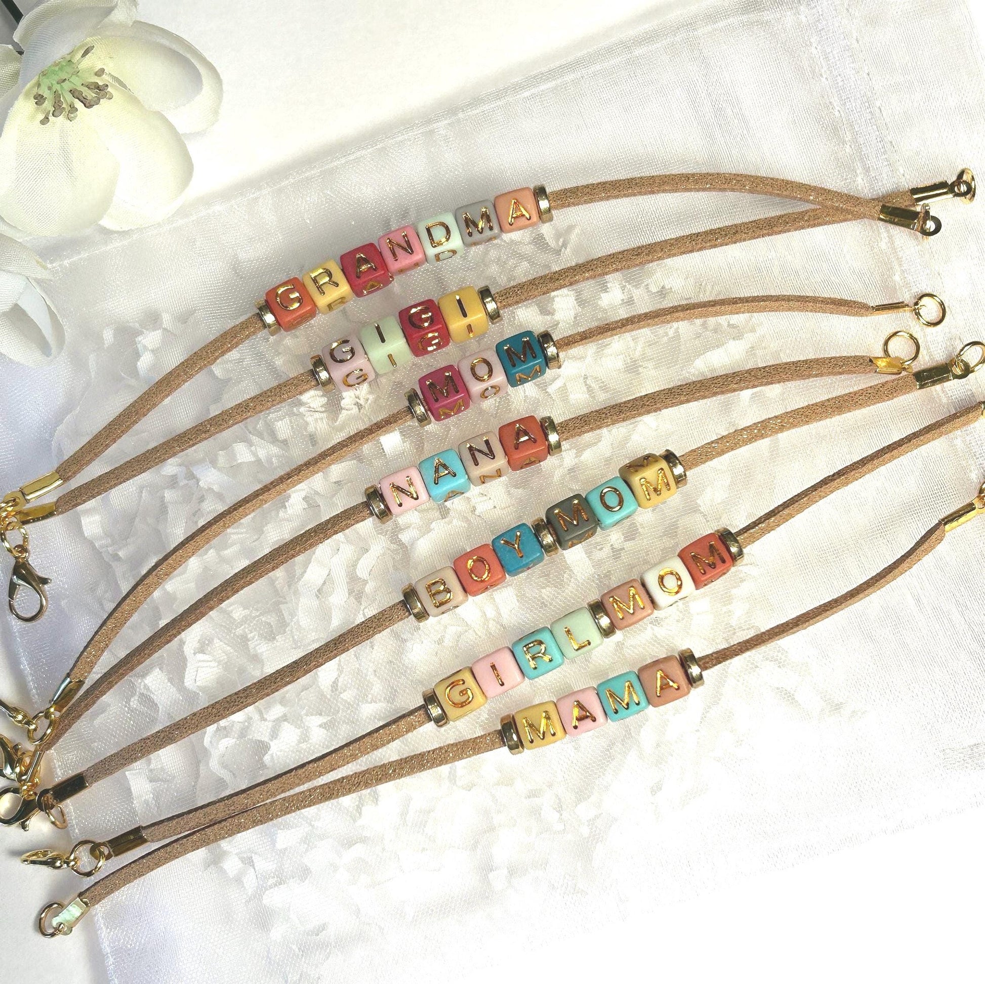 Mother’s Day Jewelry, Mom and Grandma Gift, Leather and Bead Word Bracelets, Alphabet Bead Bracelet