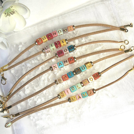 Mother’s Day Jewelry, Mom and Grandma Gift, Leather and Bead Word Bracelets, Alphabet Bead Bracelet