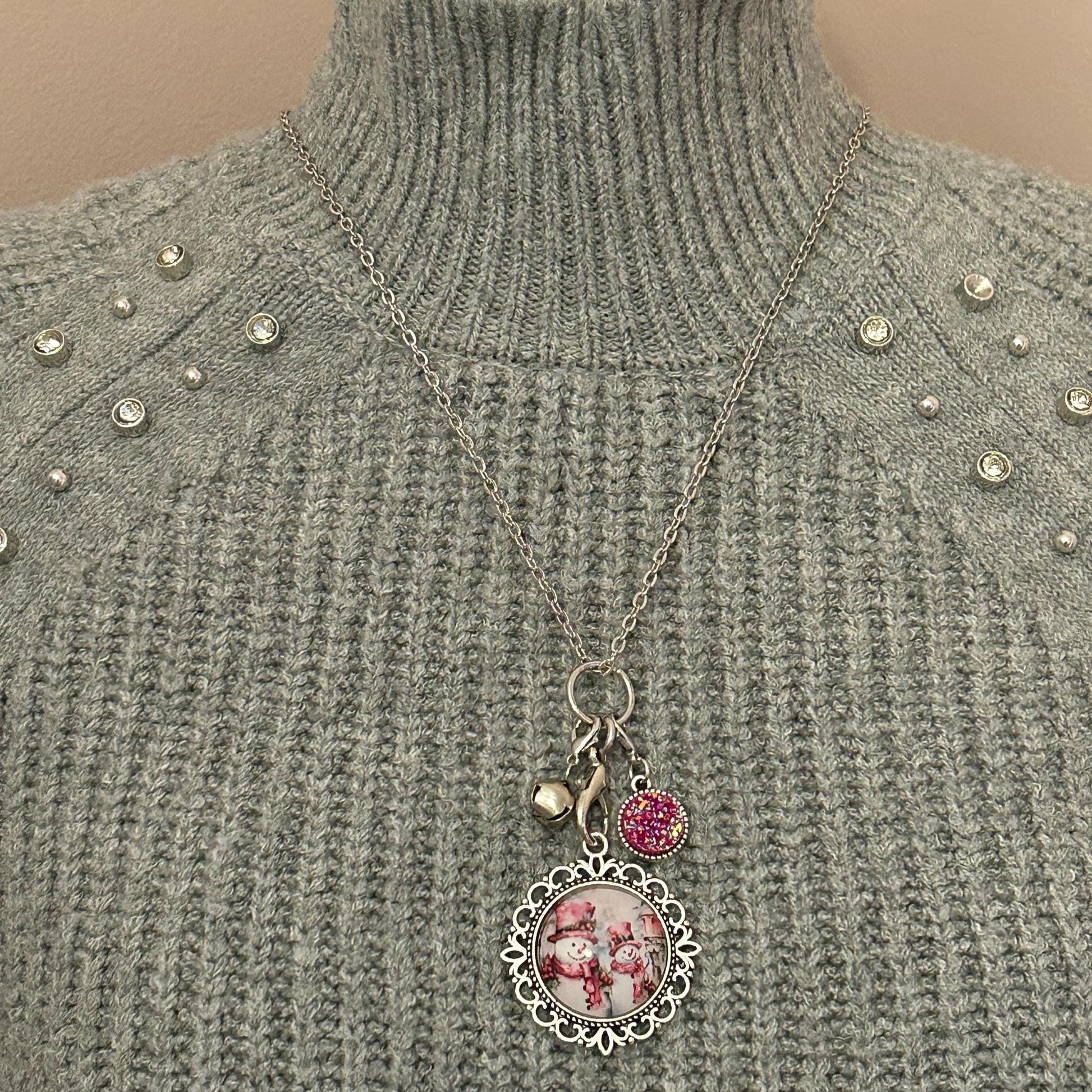 Pink Snowman Couple Charm Necklace, Victorian Pink Christmas