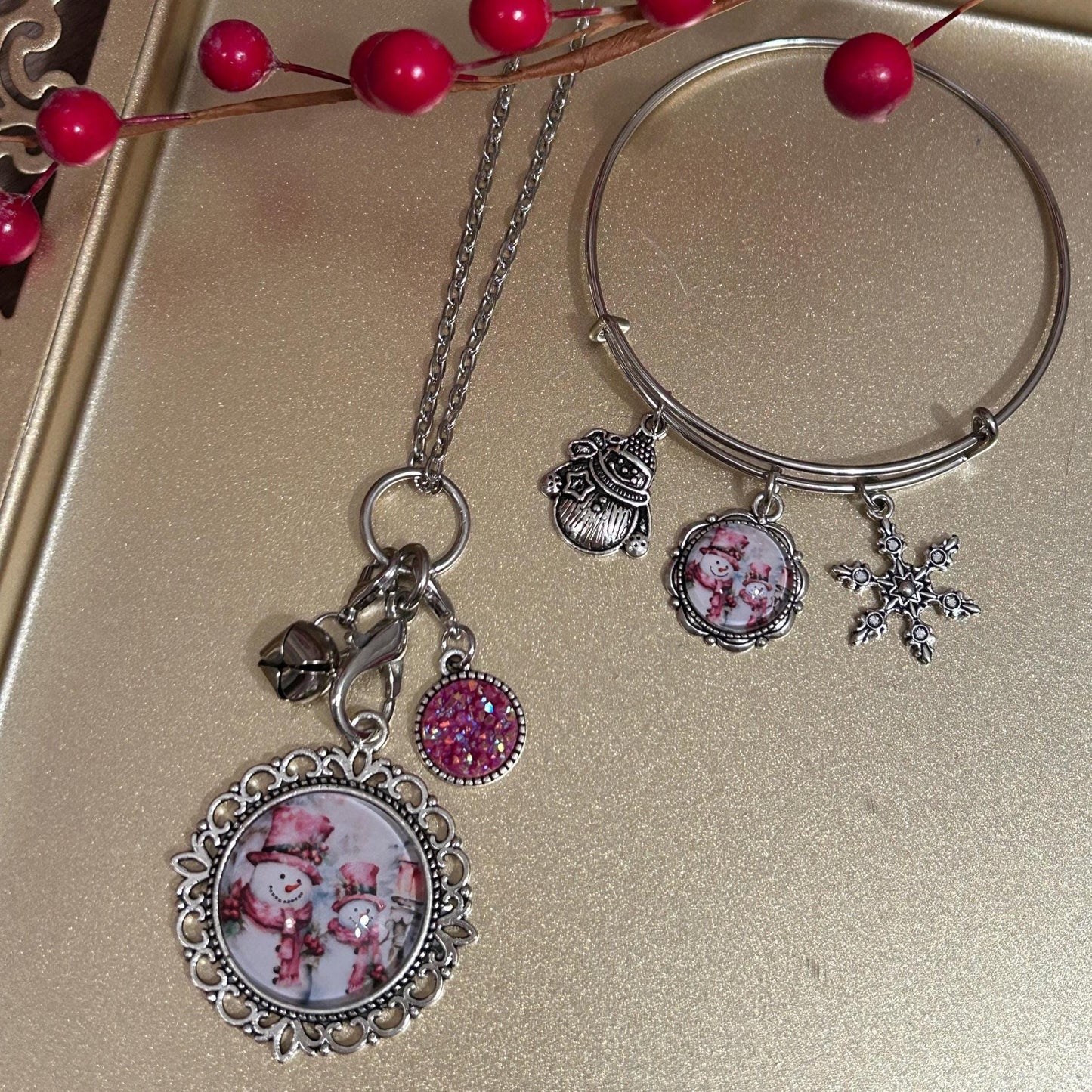 Pink Snowman Couple Charm Necklace, Victorian Pink Christmas