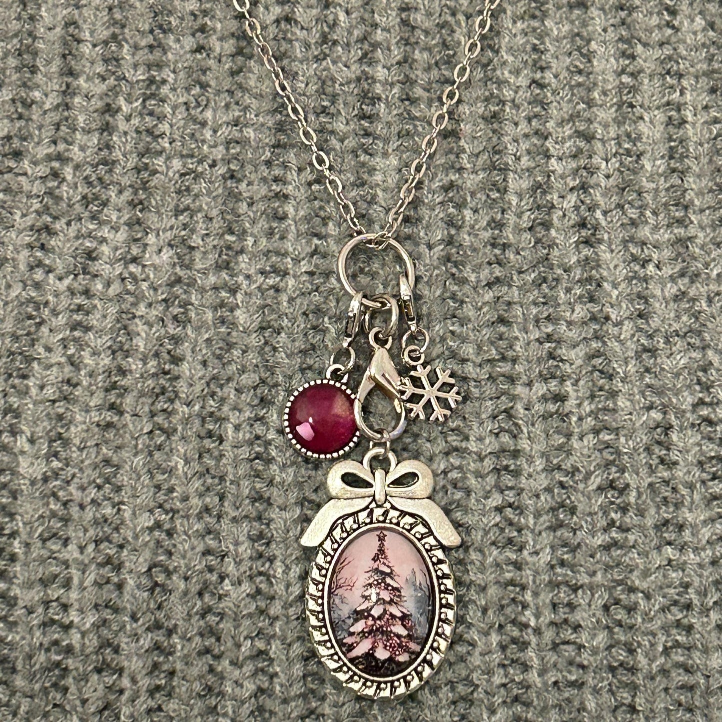 Christmas Tree with Bow Charm Necklace, Victorian Christmas
