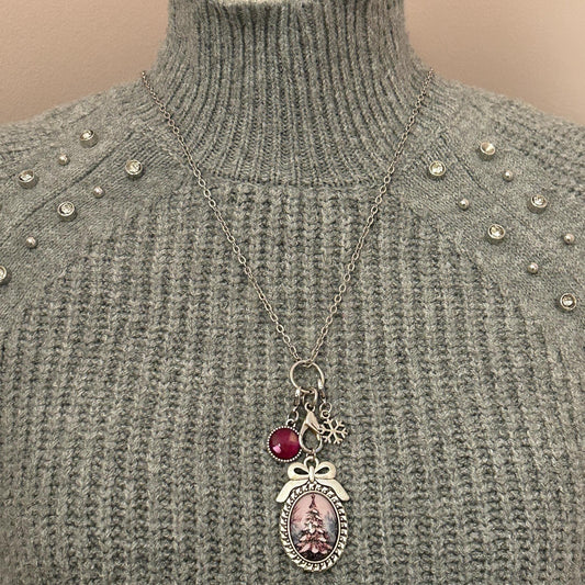 Christmas Tree with Bow Charm Necklace, Victorian Christmas