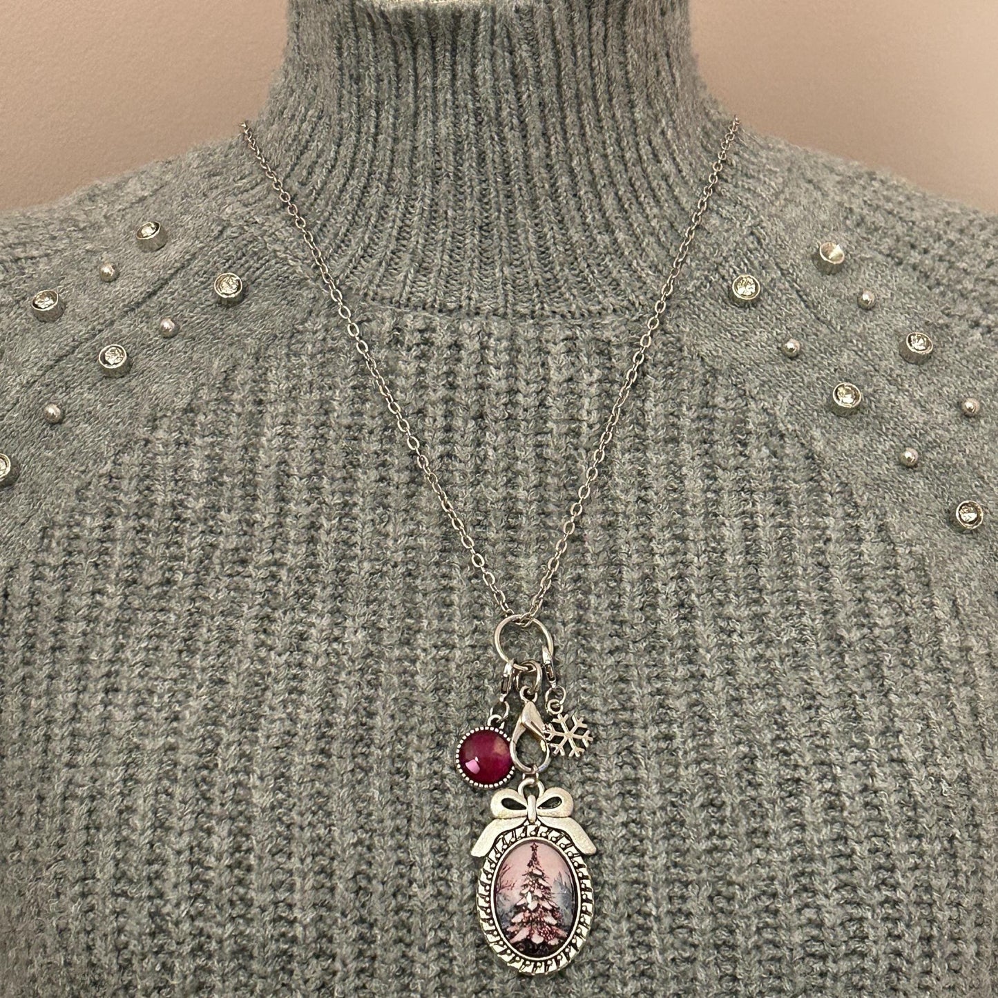 Christmas Tree with Bow Charm Necklace, Victorian Christmas