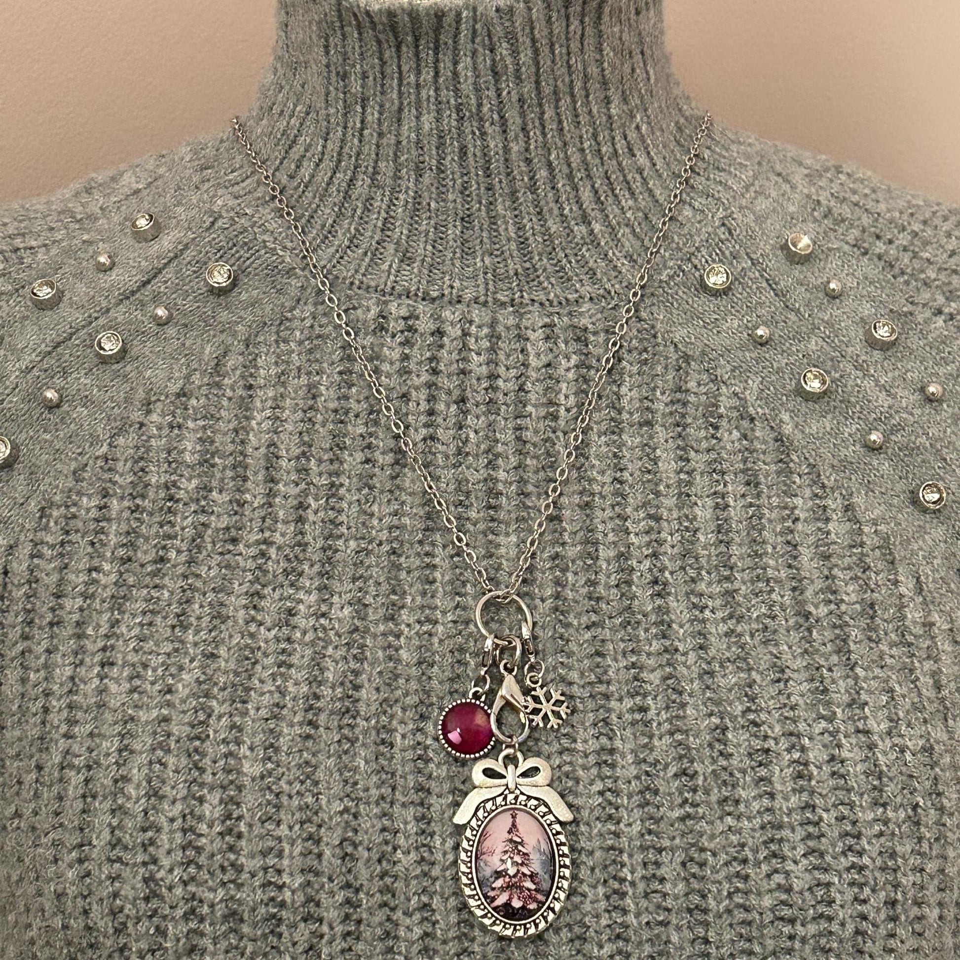 Christmas Tree with Bow Charm Necklace, Victorian Christmas