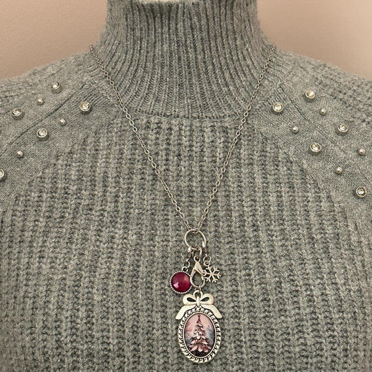 Christmas Tree with Bow Charm Necklace, Victorian Christmas