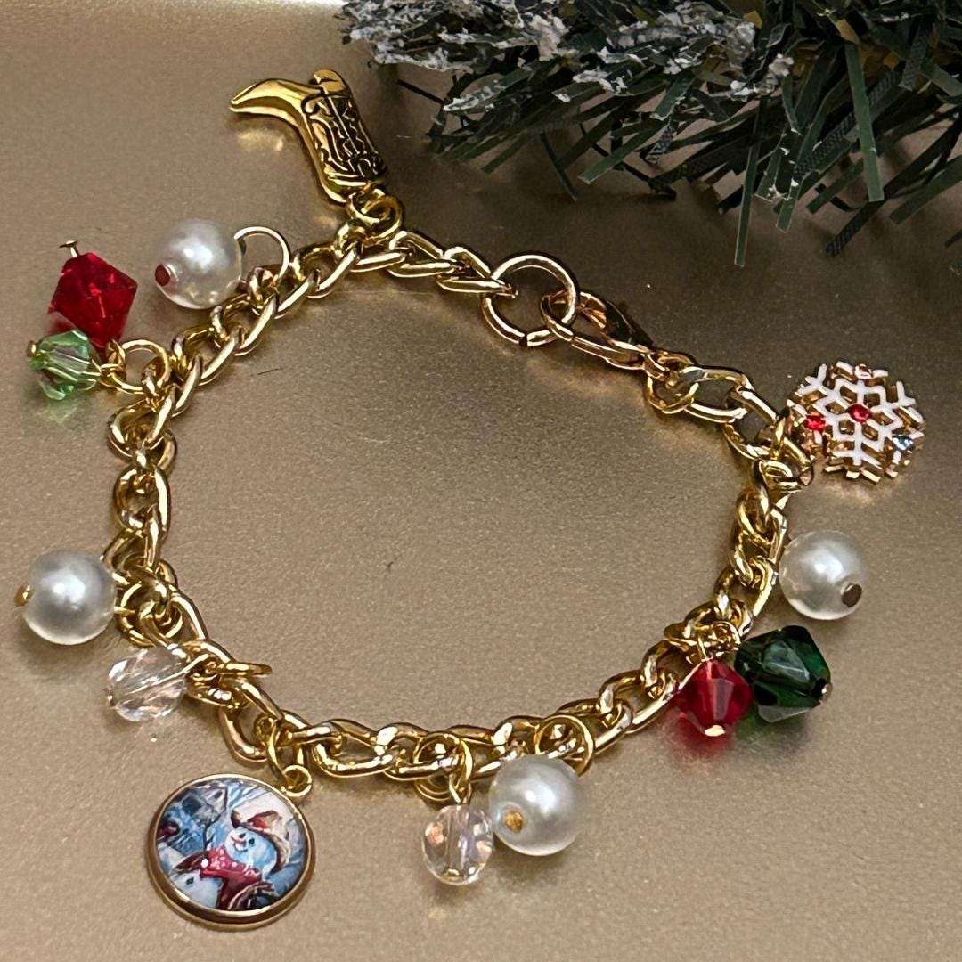 Cowboy Snowman Christmas Charm Bracelet, Western Bracelet
