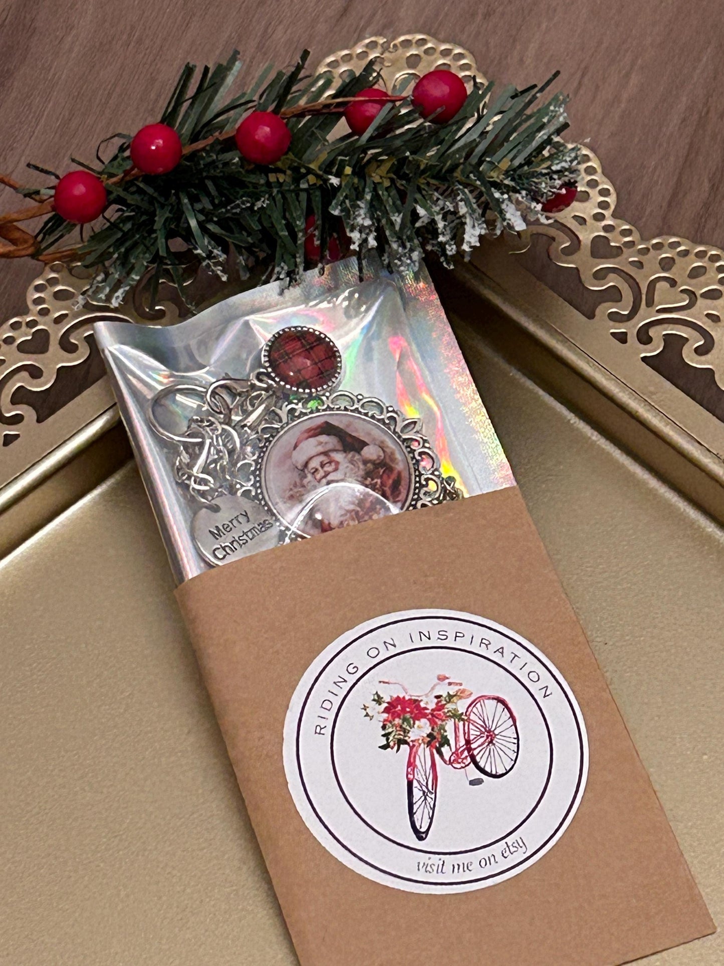 Vintage Santa Christmas Charm Necklace, Victorian Christmas