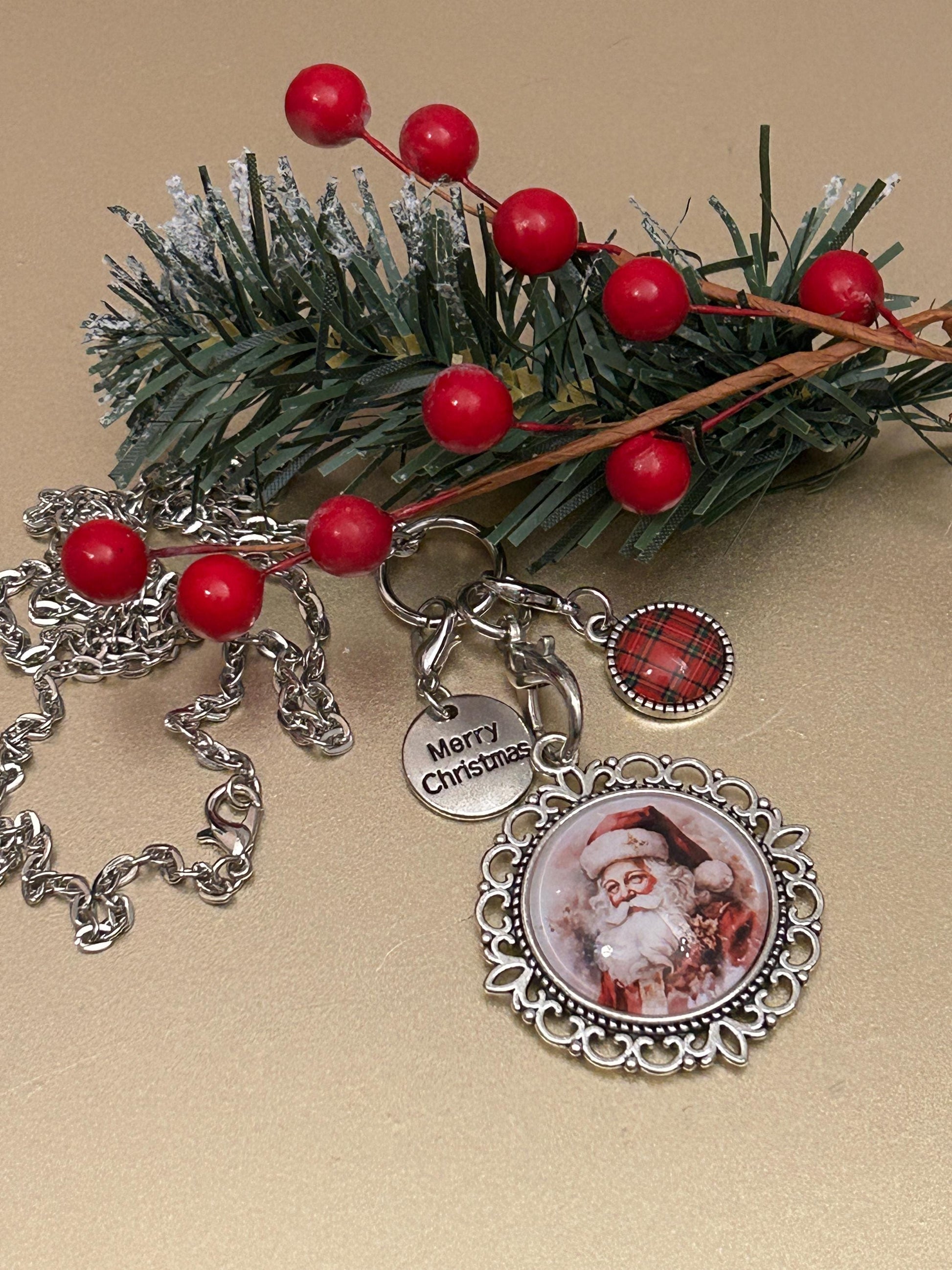 Vintage Santa Christmas Charm Necklace, Victorian Christmas