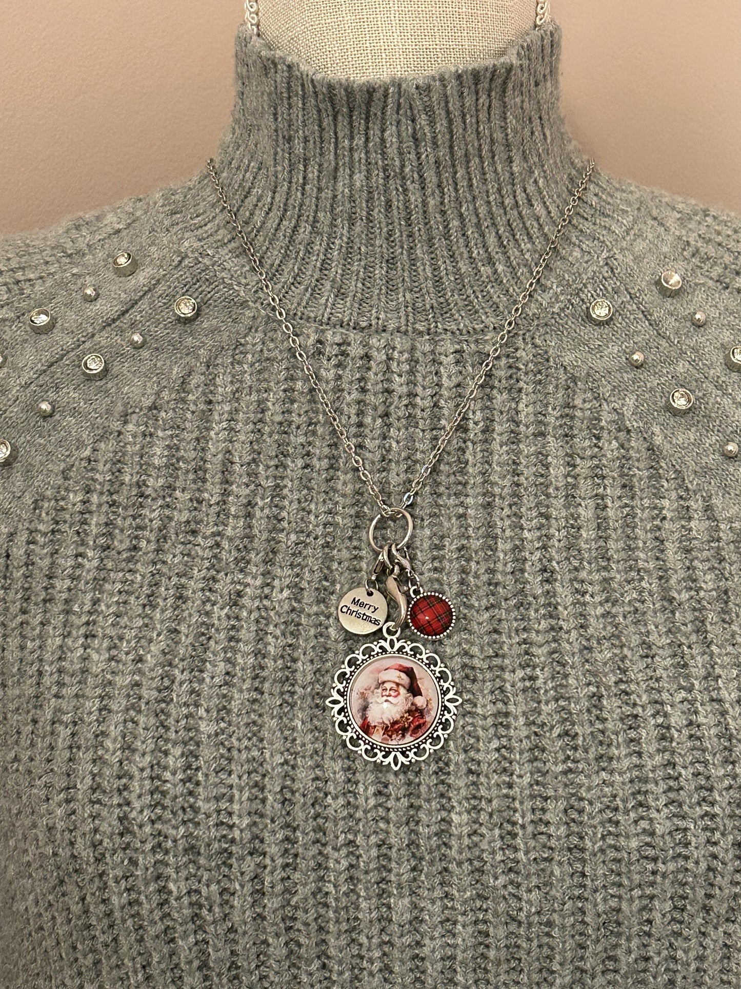 Vintage Santa Christmas Charm Necklace, Victorian Christmas