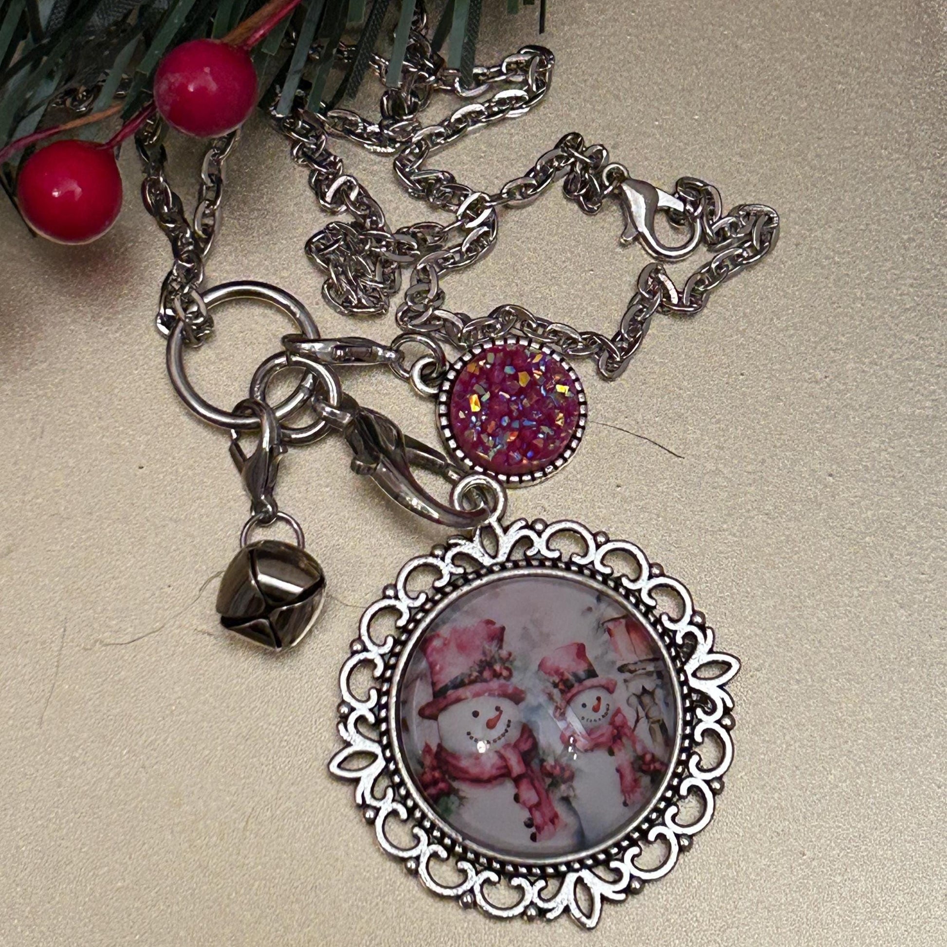 Pink Snowman Couple Charm Necklace, Victorian Pink Christmas