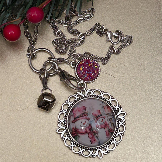 Pink Snowman Couple Charm Necklace, Victorian Pink Christmas