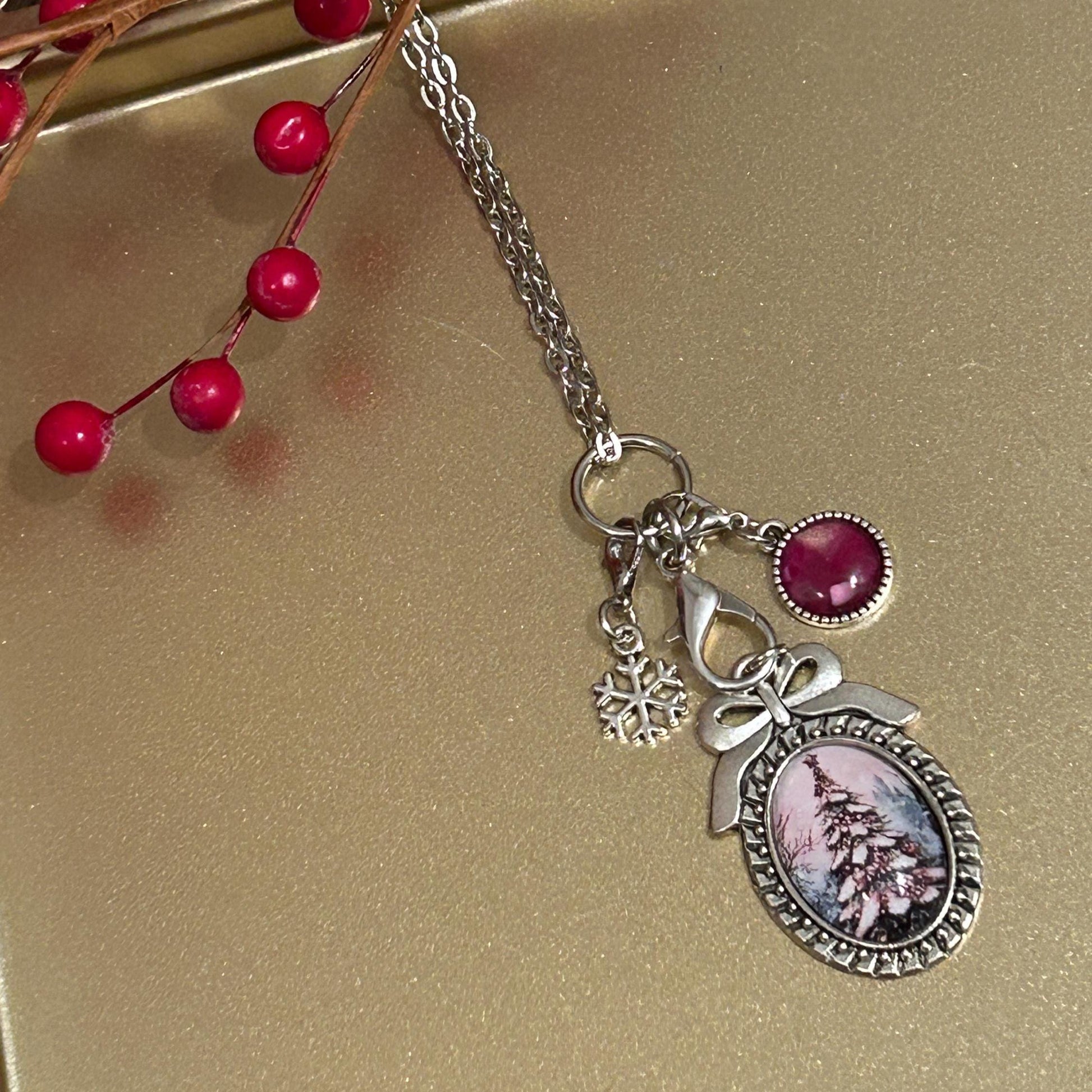 Christmas Tree with Bow Charm Necklace, Victorian Christmas