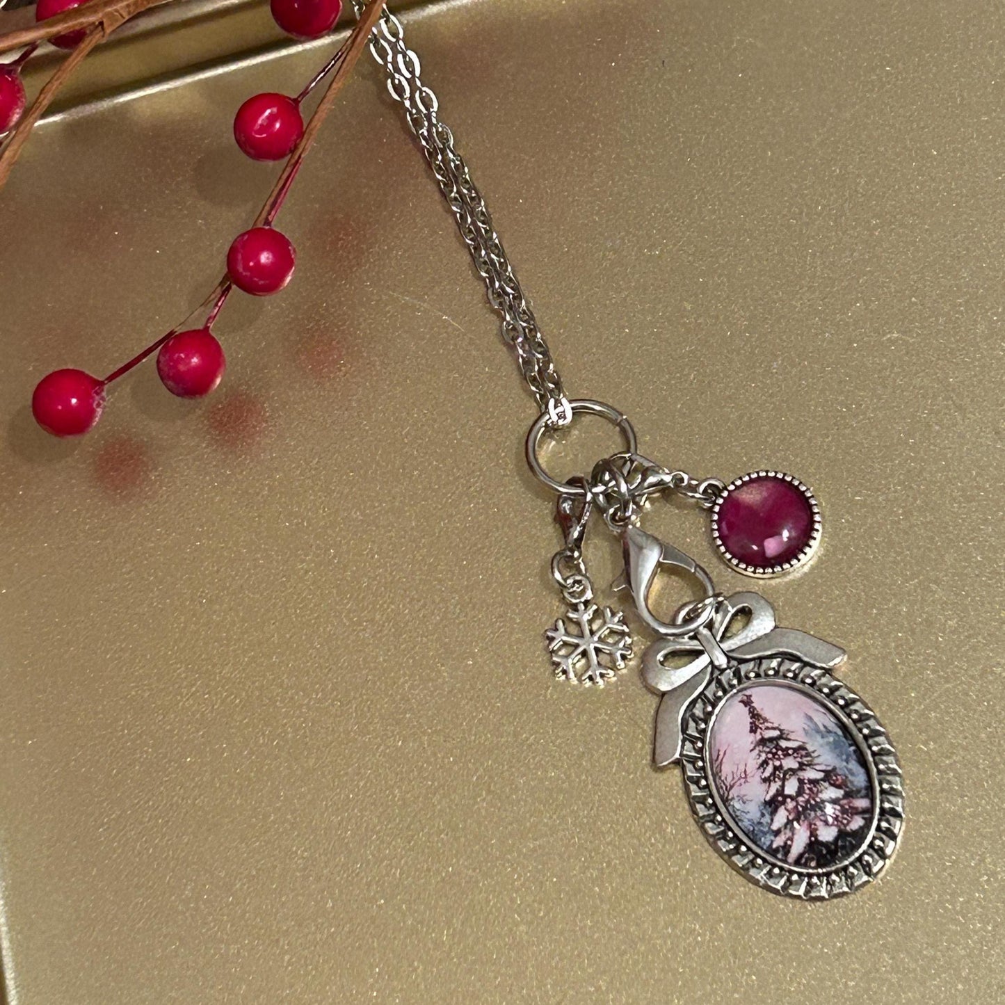 Christmas Tree with Bow Charm Necklace, Victorian Christmas