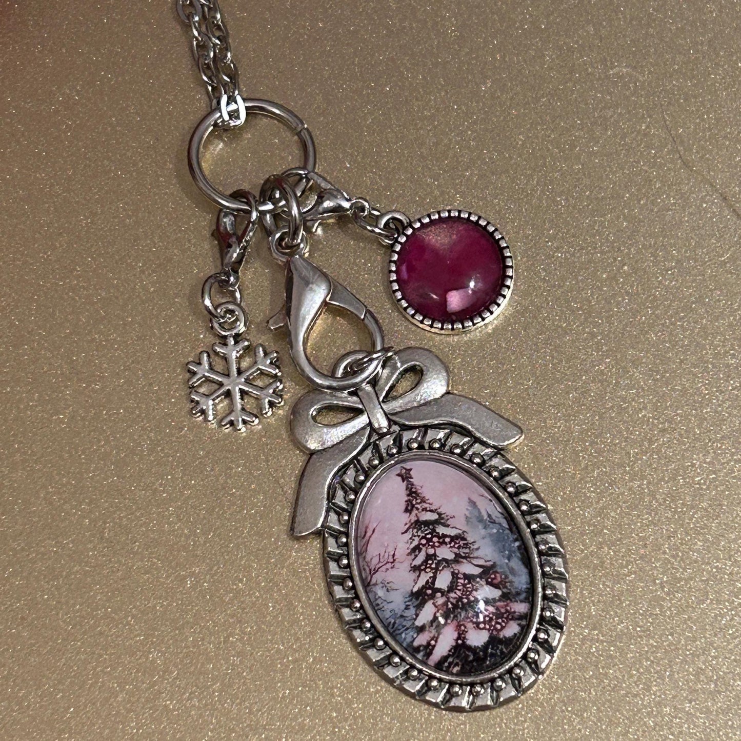 Christmas Tree with Bow Charm Necklace, Victorian Christmas